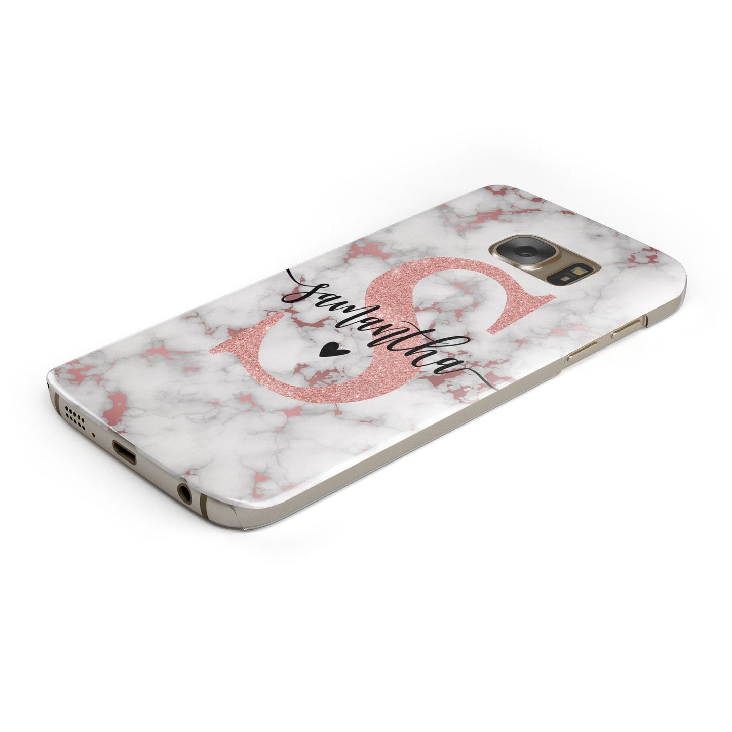 Rose Gold Personalised Marble Glitter Initial Name Protective Samsung Galaxy Case Angled Image