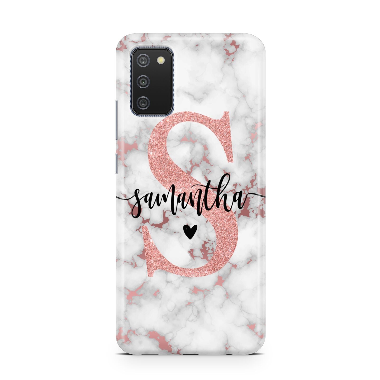 Rose Gold Personalised Marble Glitter Initial Name Samsung A02s Case