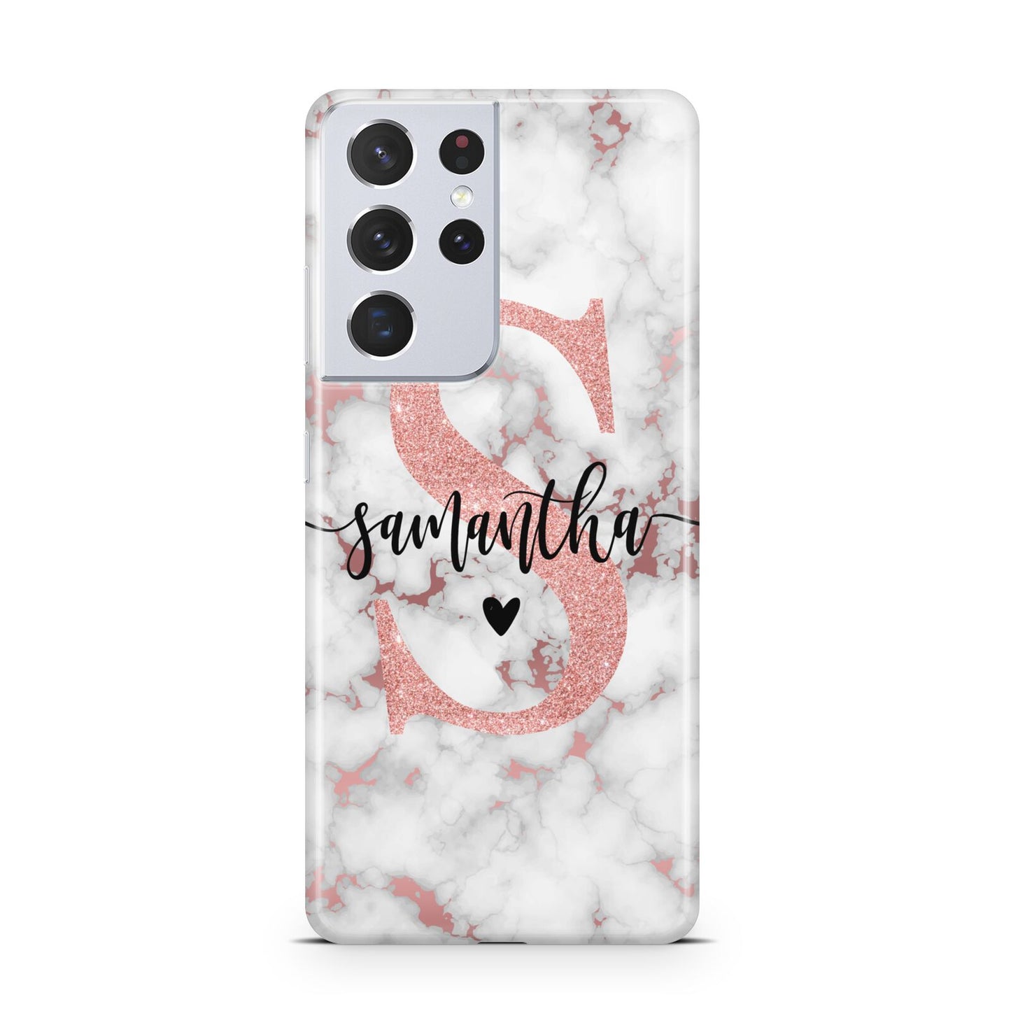 Rose Gold Personalised Marble Glitter Initial Name Samsung S21 Ultra Case