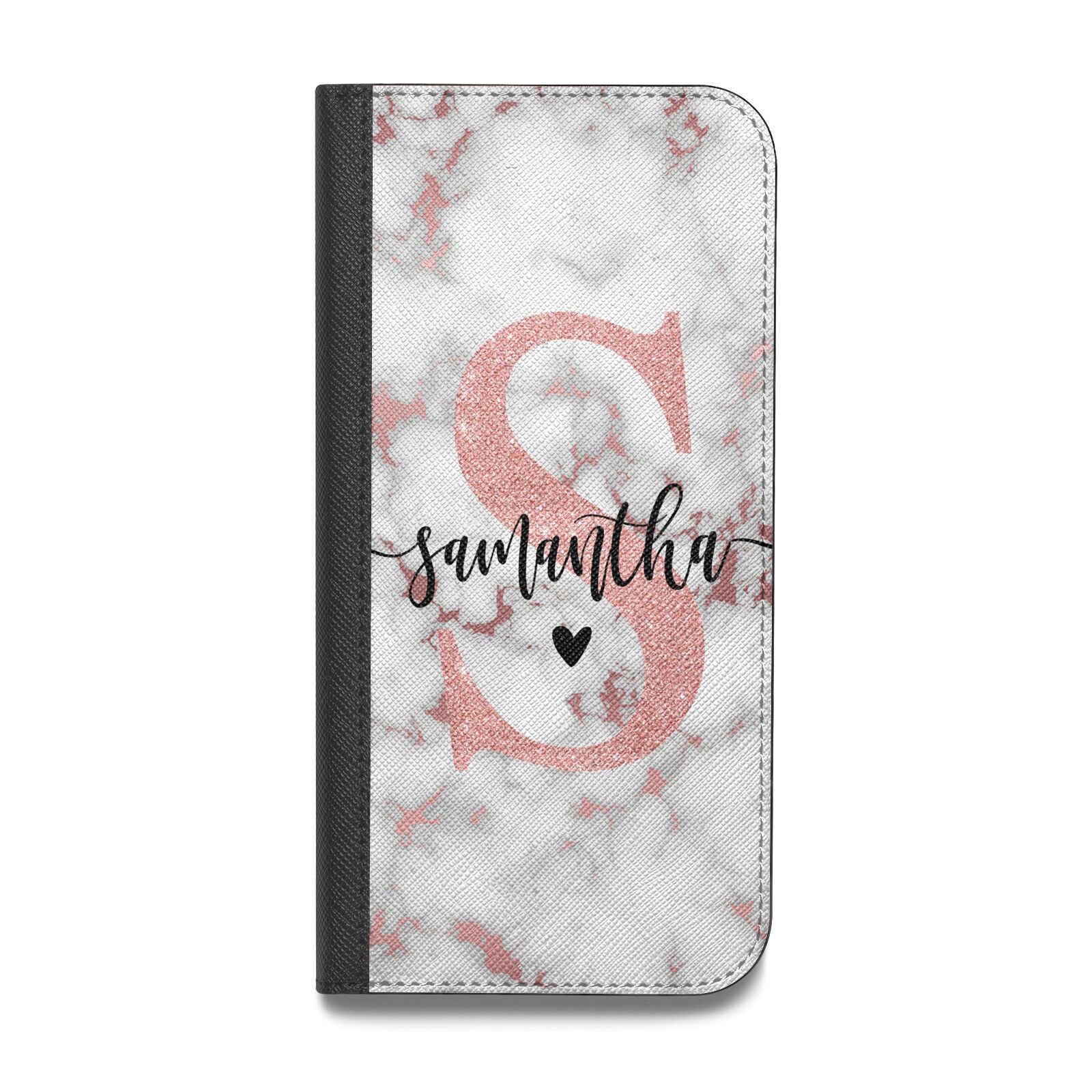 Rose Gold Personalised Marble Glitter Initial Name Vegan Leather Flip iPhone Case