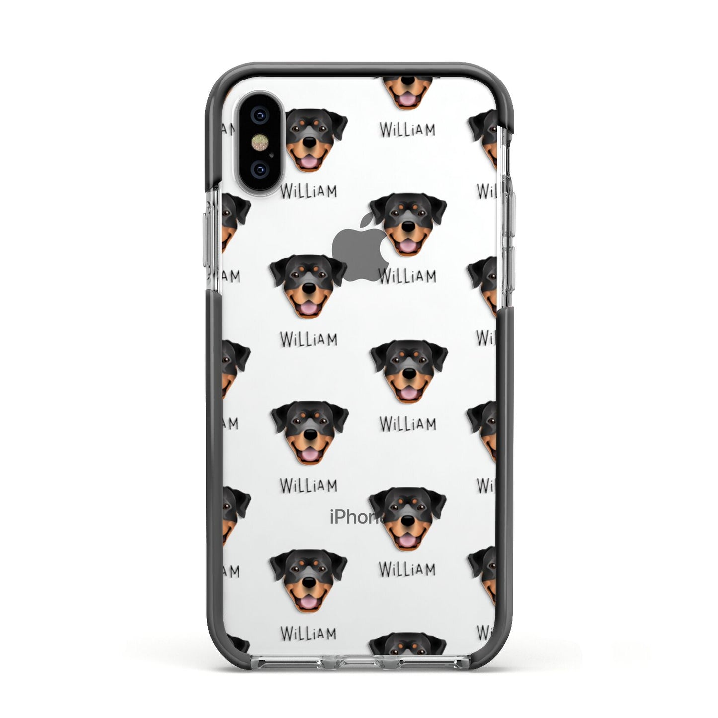 Rottweiler Icon with Name Apple iPhone Xs Impact Case Black Edge on Silver Phone