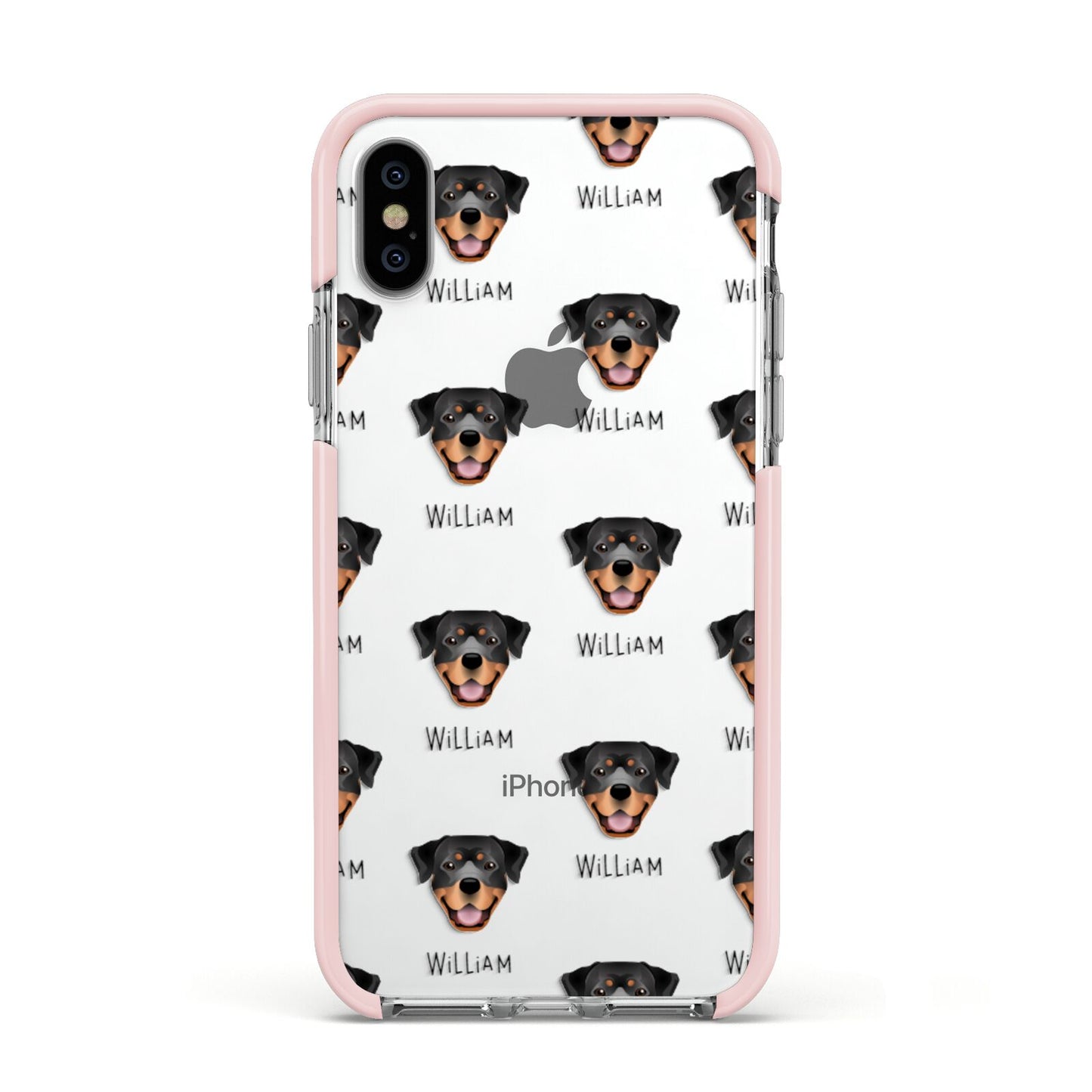 Rottweiler Icon with Name Apple iPhone Xs Impact Case Pink Edge on Silver Phone