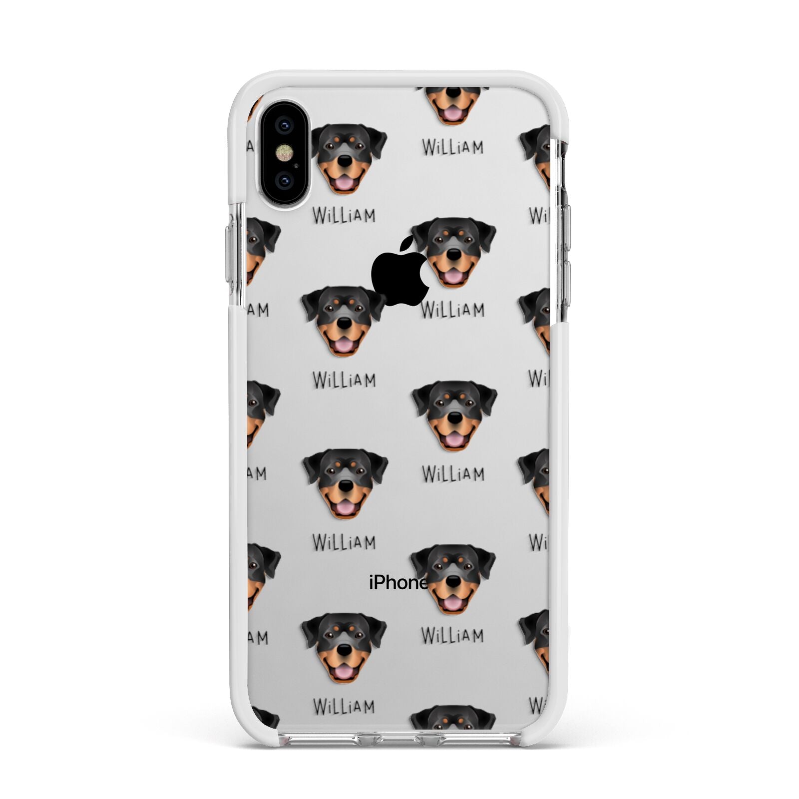 Rottweiler Icon with Name Apple iPhone Xs Max Impact Case White Edge on Silver Phone