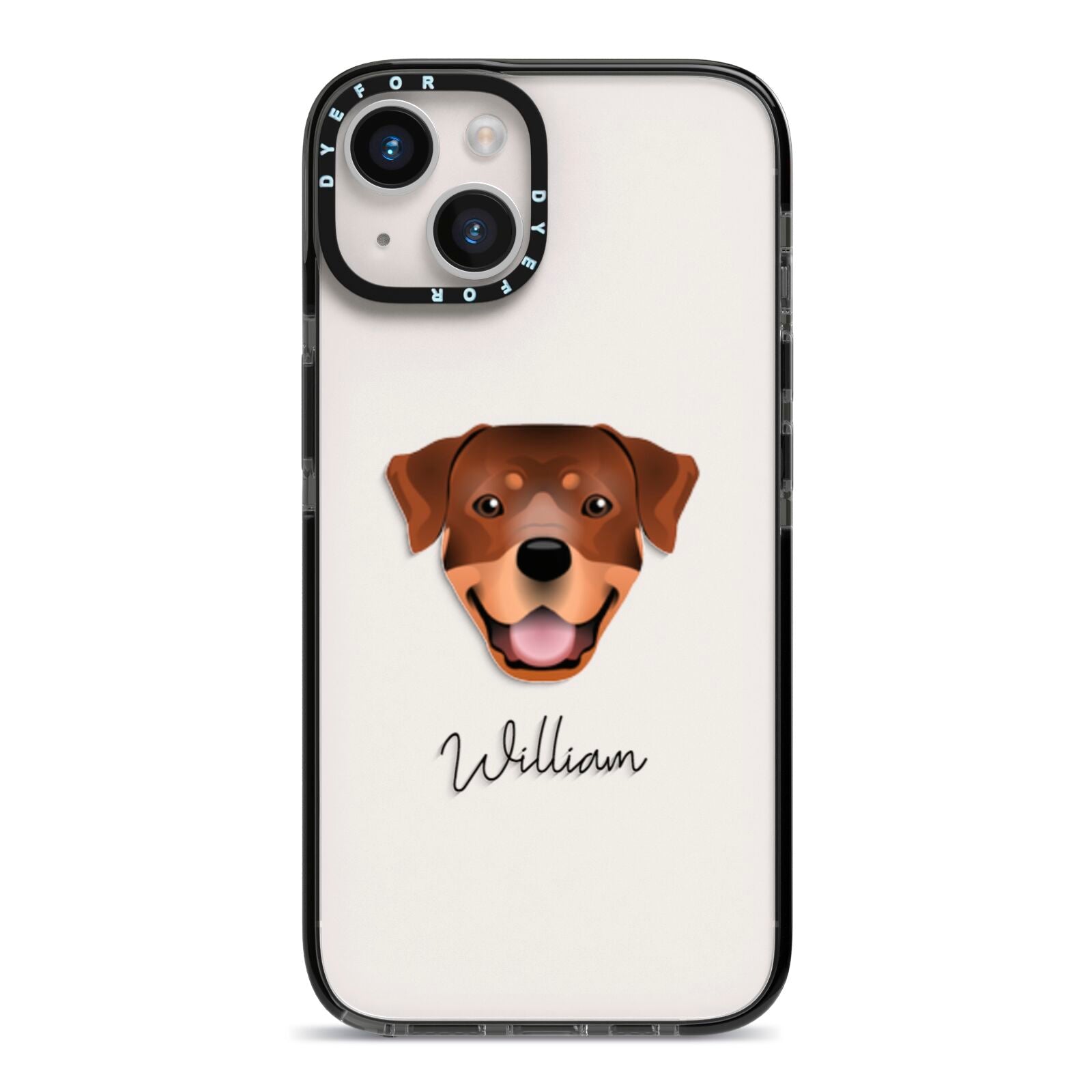 Rottweiler Personalised iPhone 14 Black Impact Case on Silver phone