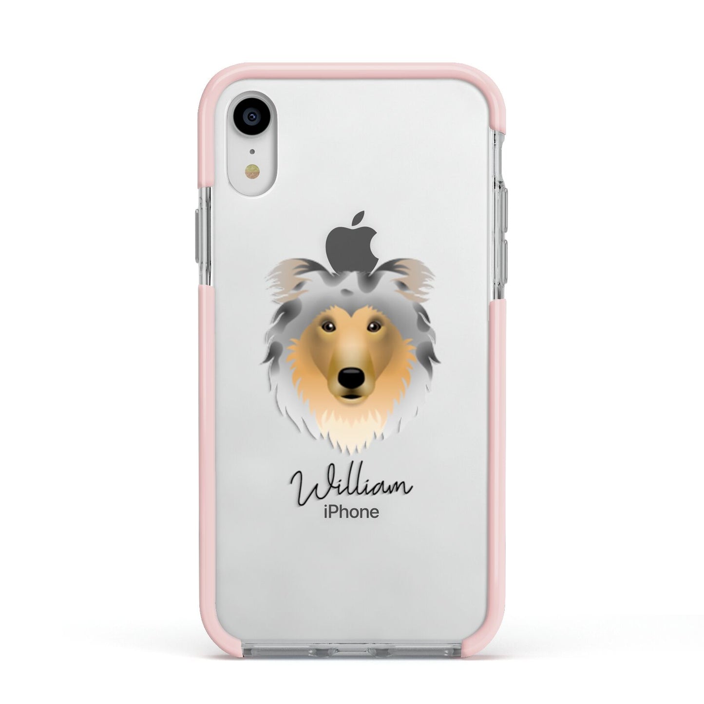 Rough Collie Personalised Apple iPhone XR Impact Case Pink Edge on Silver Phone