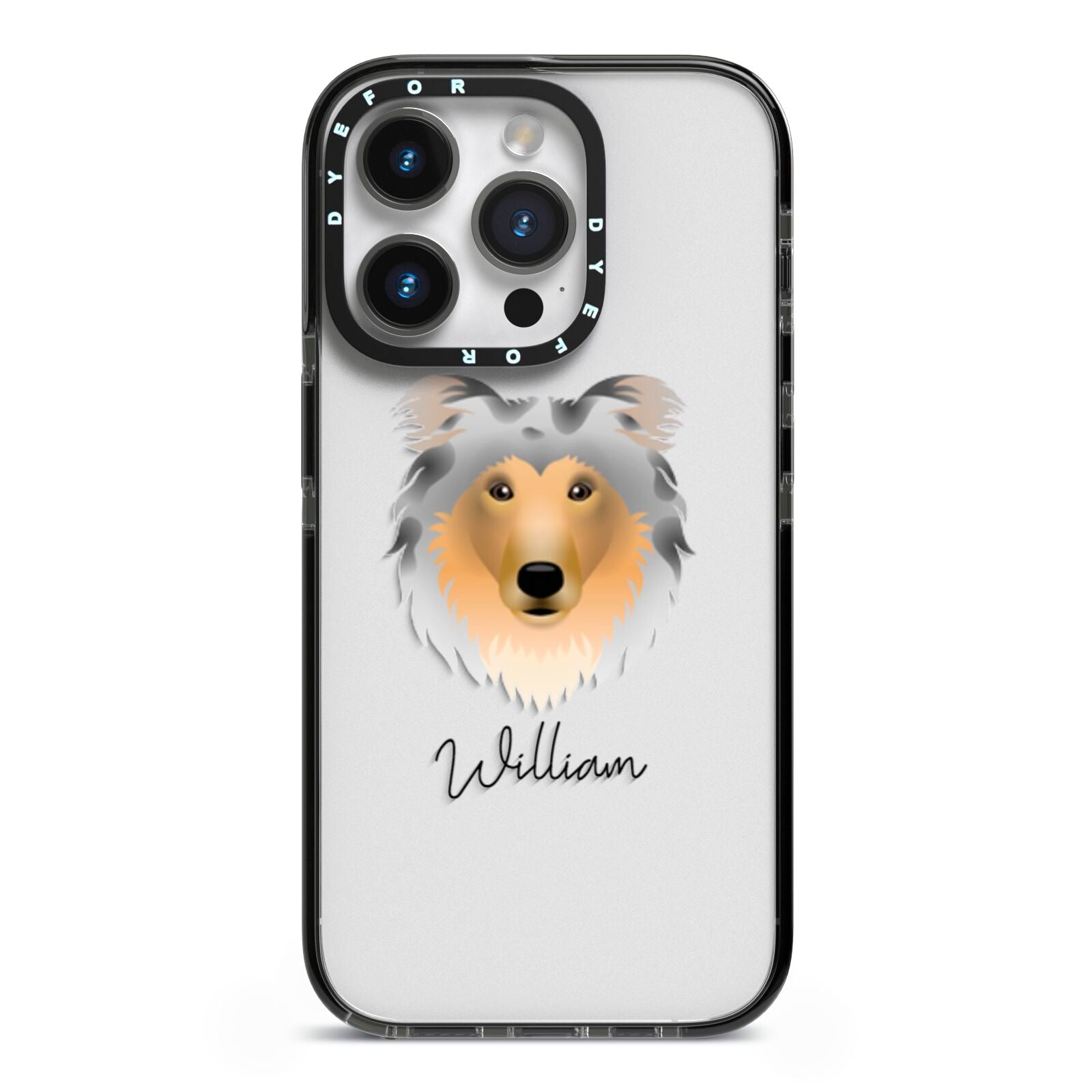 Rough Collie Personalised iPhone 14 Pro Black Impact Case on Silver phone