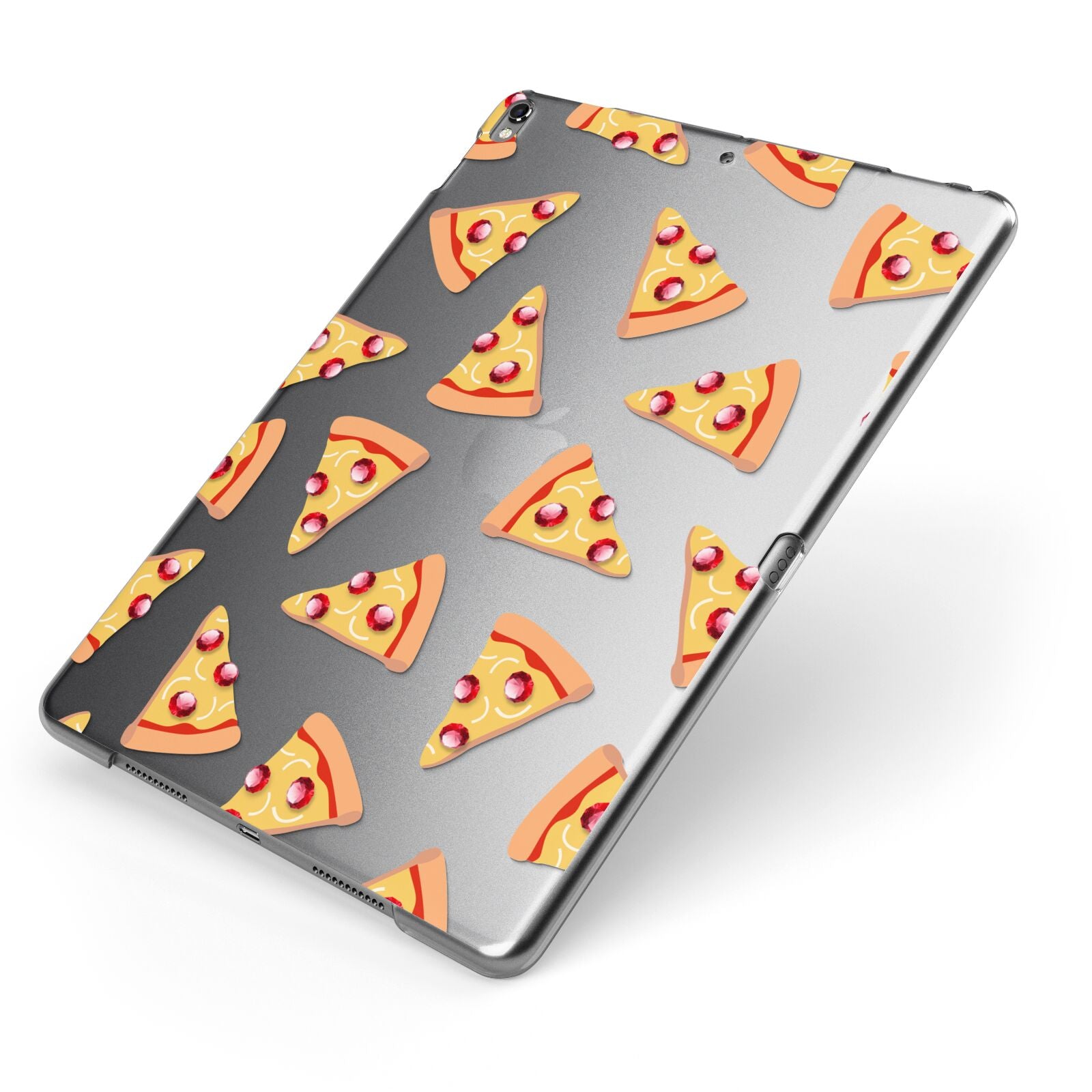 Rubies on Cartoon Pizza Slices Apple iPad Case on Grey iPad Side View