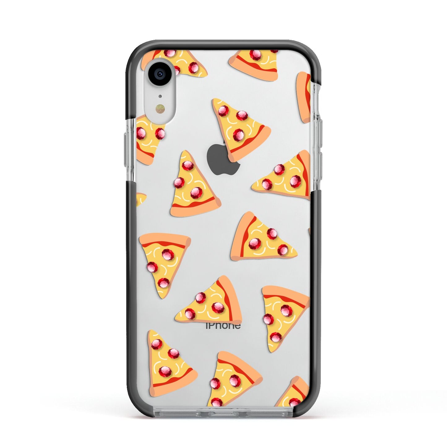 Rubies on Cartoon Pizza Slices Apple iPhone XR Impact Case Black Edge on Silver Phone