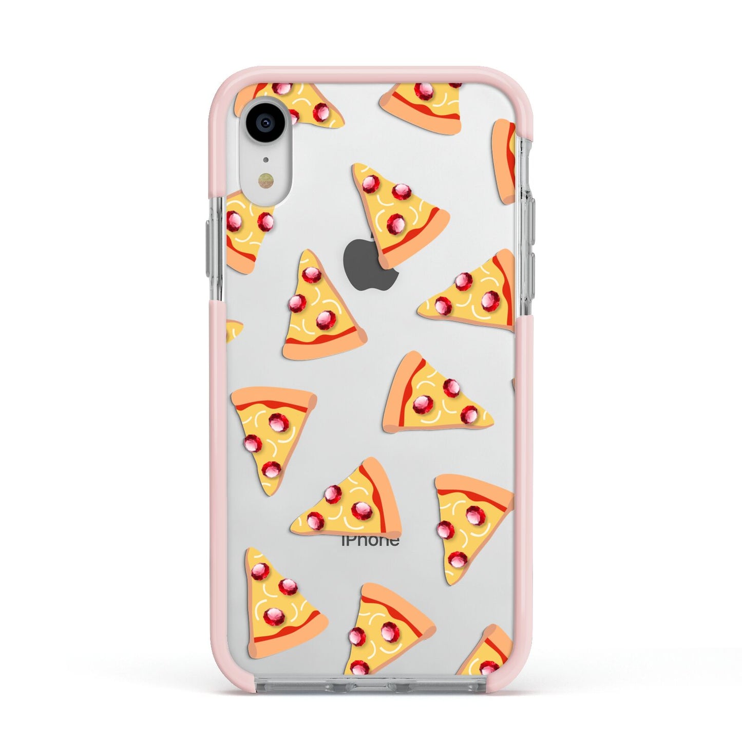 Rubies on Cartoon Pizza Slices Apple iPhone XR Impact Case Pink Edge on Silver Phone