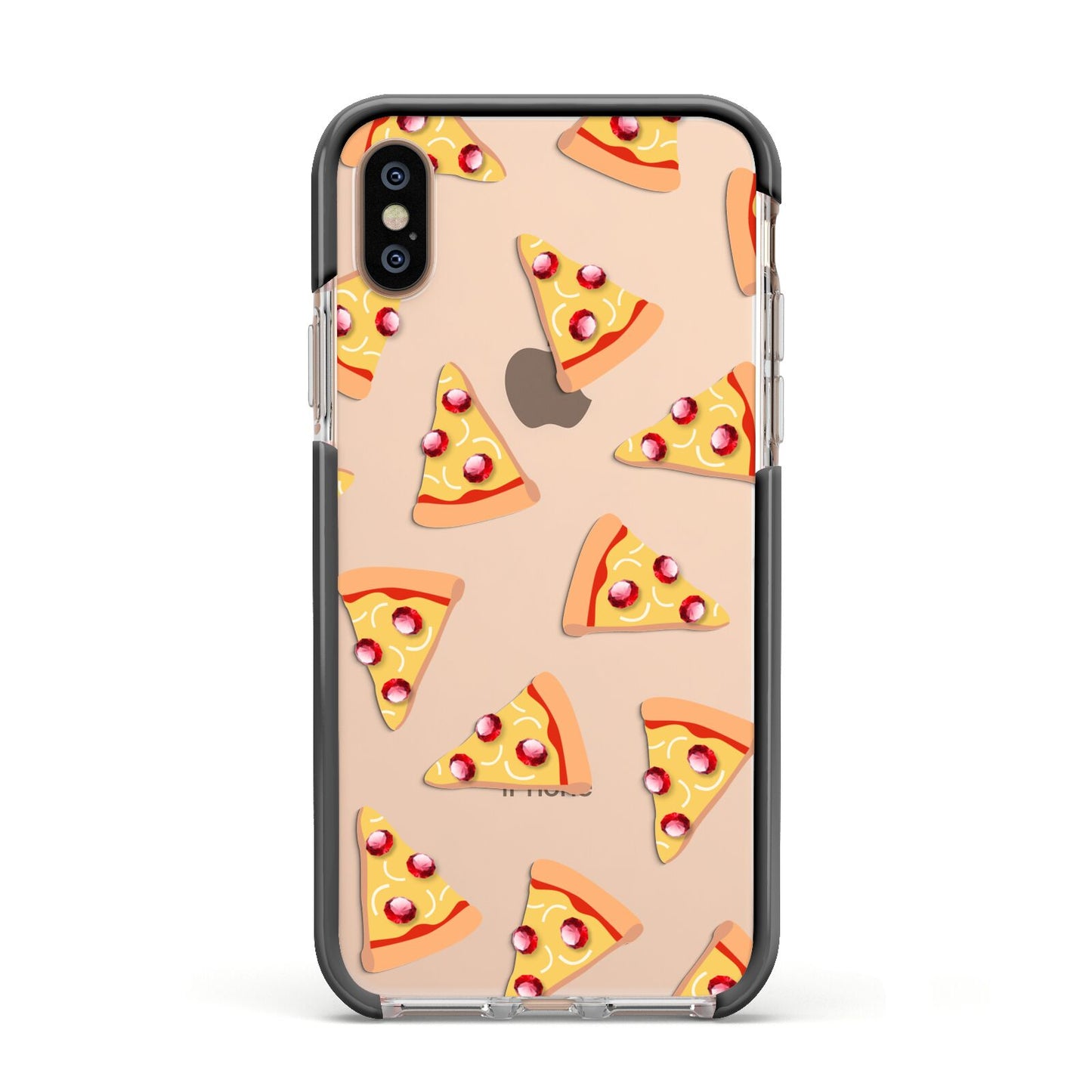 Rubies on Cartoon Pizza Slices Apple iPhone Xs Impact Case Black Edge on Gold Phone