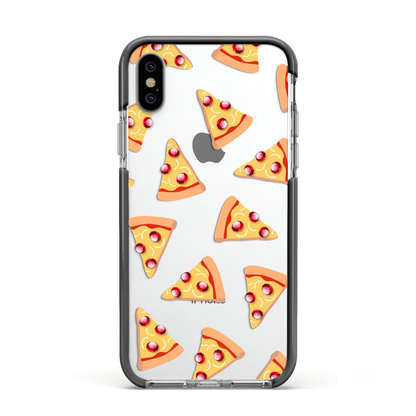 Rubies on Cartoon Pizza Slices Apple iPhone Xs Impact Case Black Edge on Silver Phone