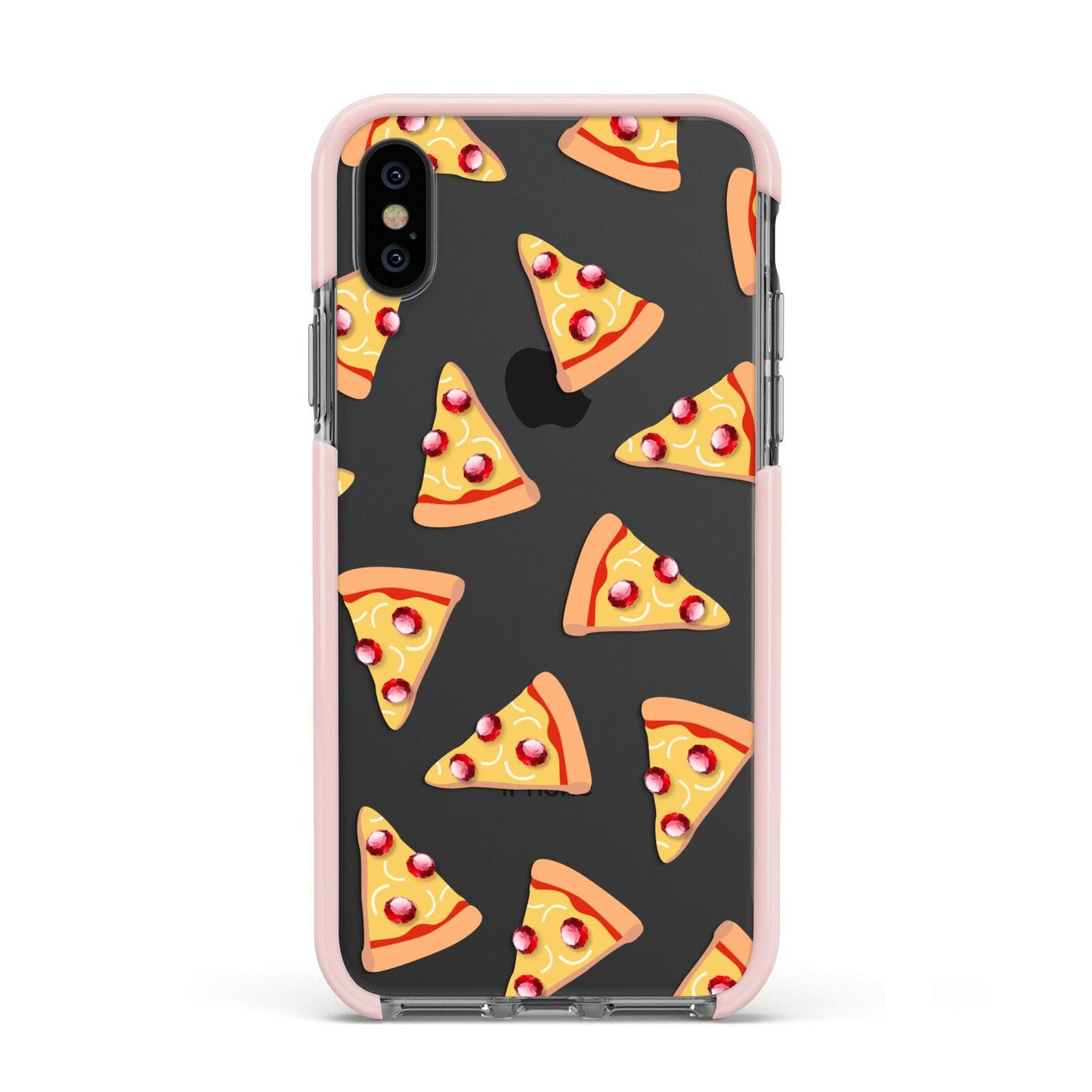 Rubies on Cartoon Pizza Slices Apple iPhone Xs Impact Case Pink Edge on Black Phone