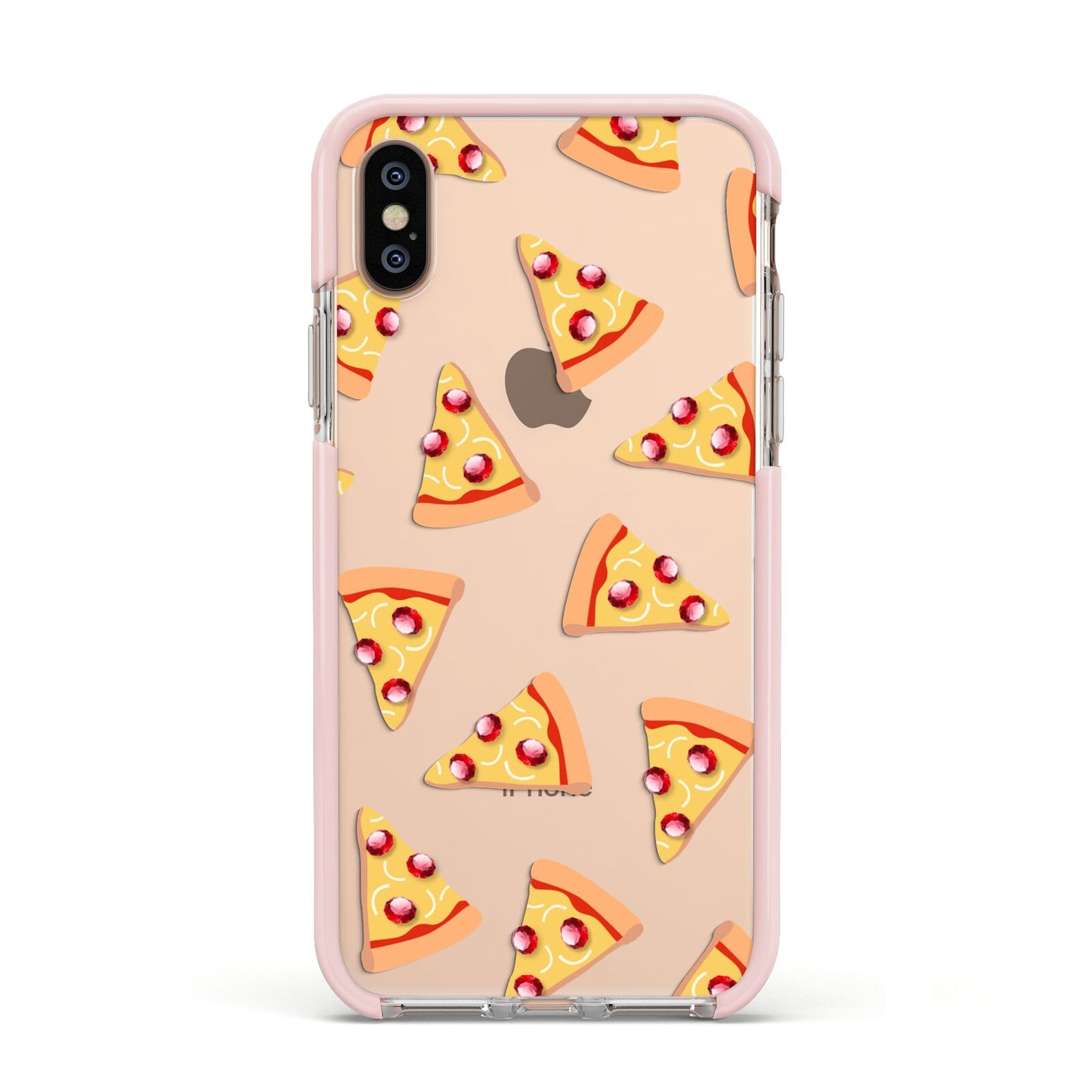 Rubies on Cartoon Pizza Slices Apple iPhone Xs Impact Case Pink Edge on Gold Phone