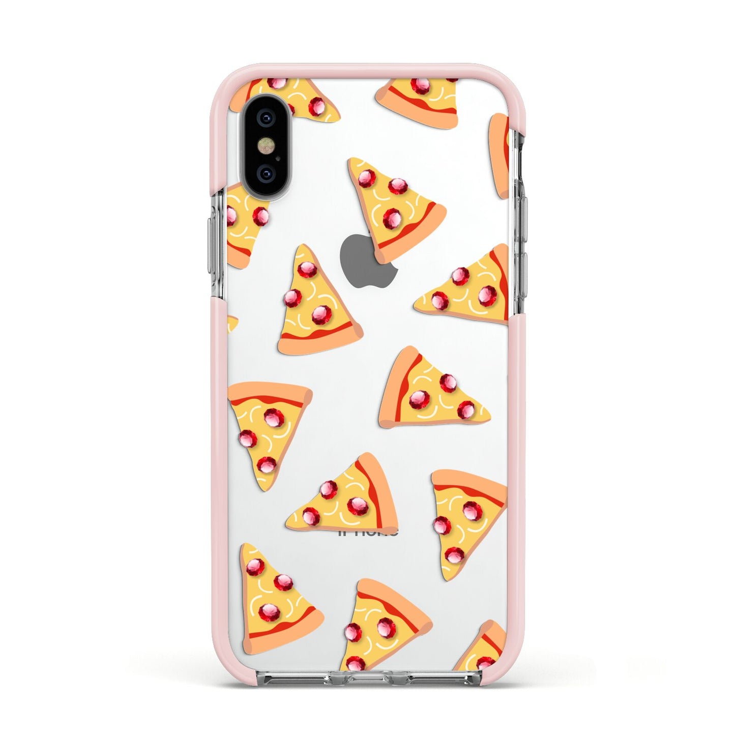 Rubies on Cartoon Pizza Slices Apple iPhone Xs Impact Case Pink Edge on Silver Phone