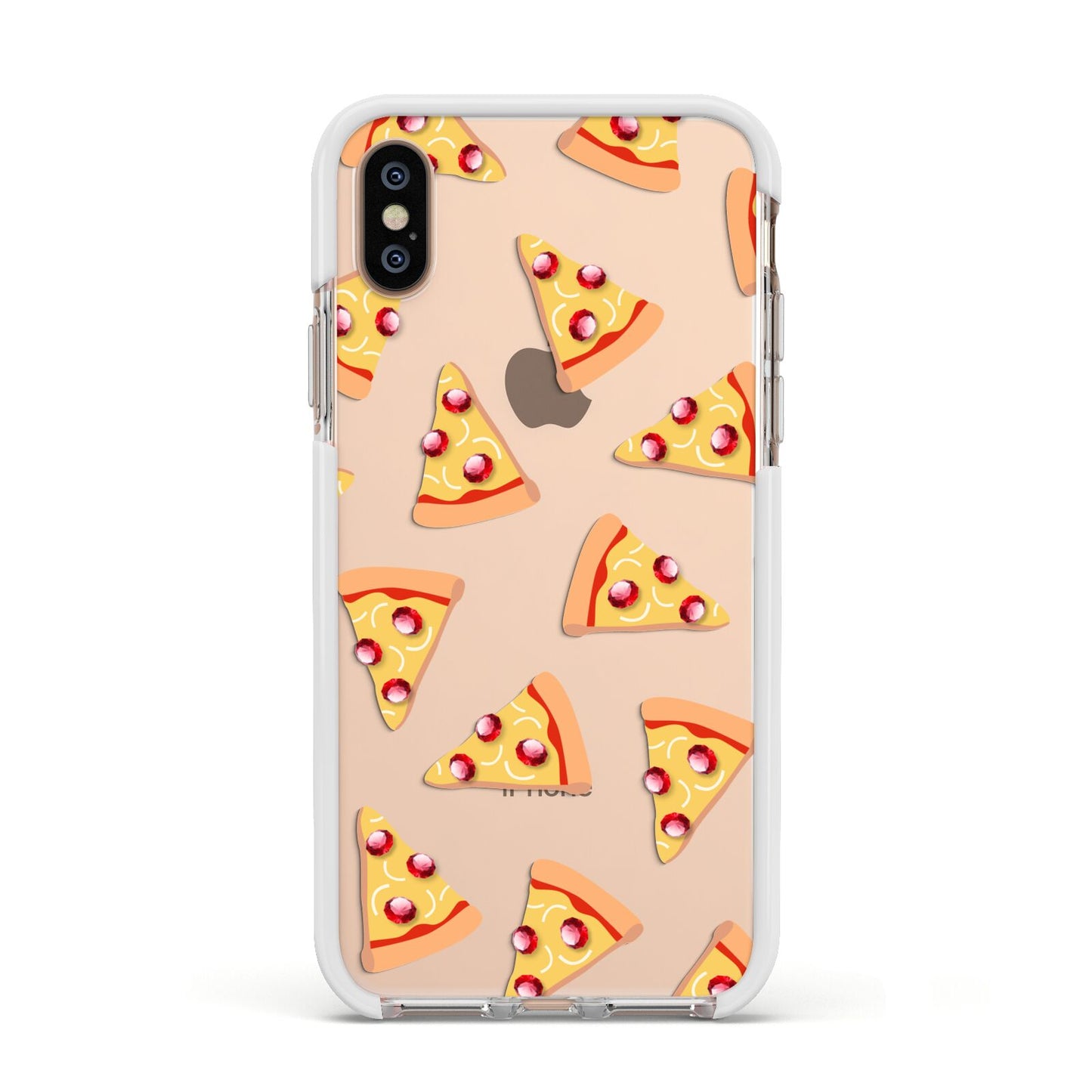 Rubies on Cartoon Pizza Slices Apple iPhone Xs Impact Case White Edge on Gold Phone