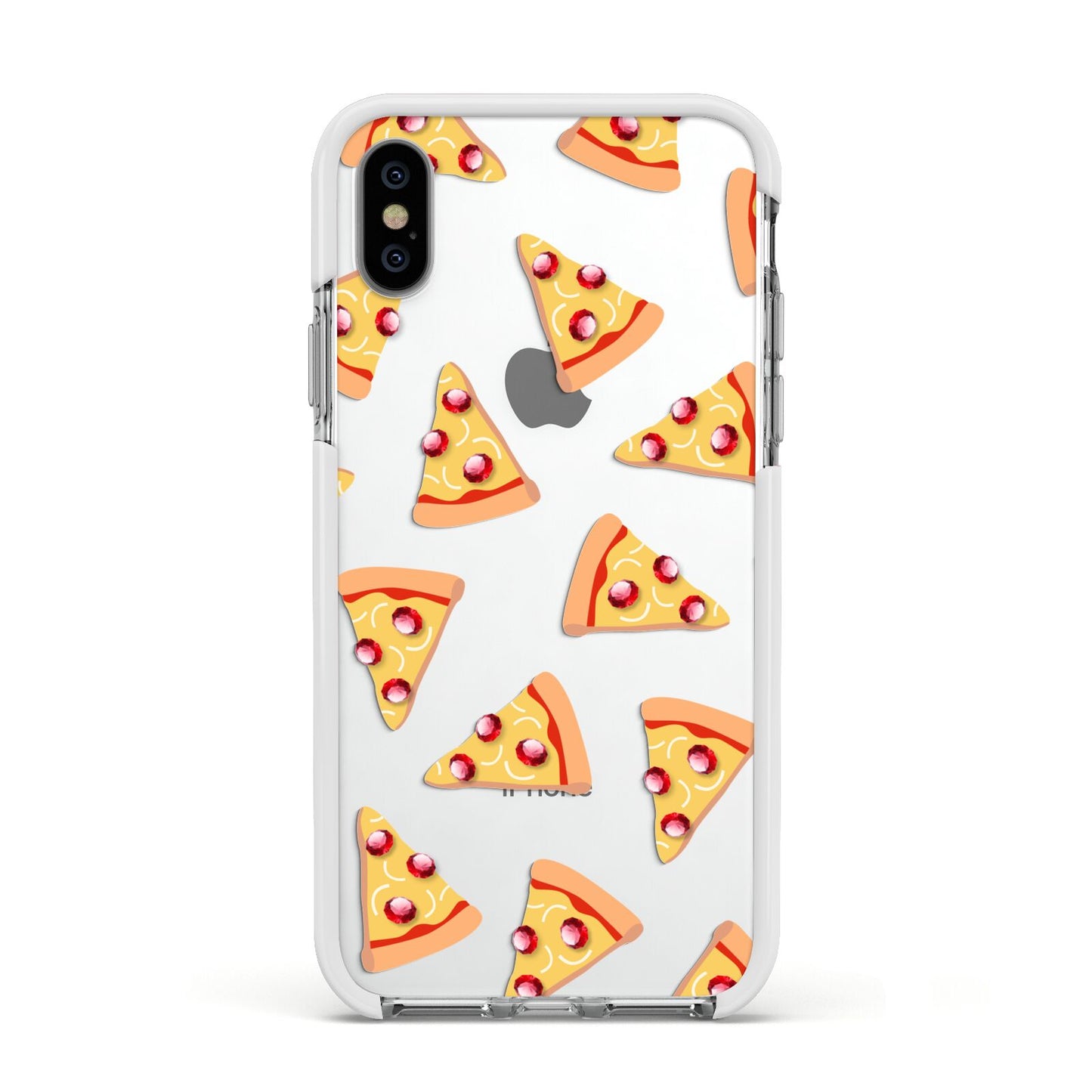 Rubies on Cartoon Pizza Slices Apple iPhone Xs Impact Case White Edge on Silver Phone