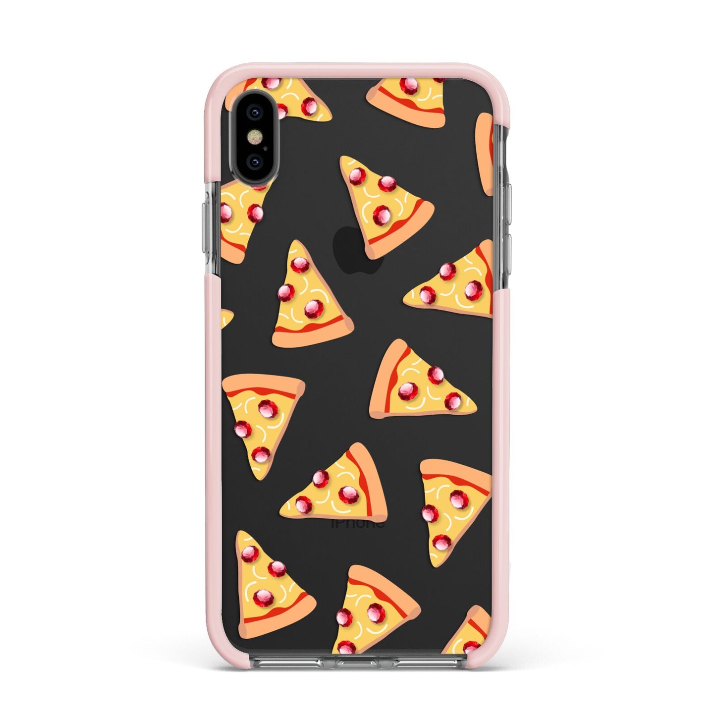 Rubies on Cartoon Pizza Slices Apple iPhone Xs Max Impact Case Pink Edge on Black Phone