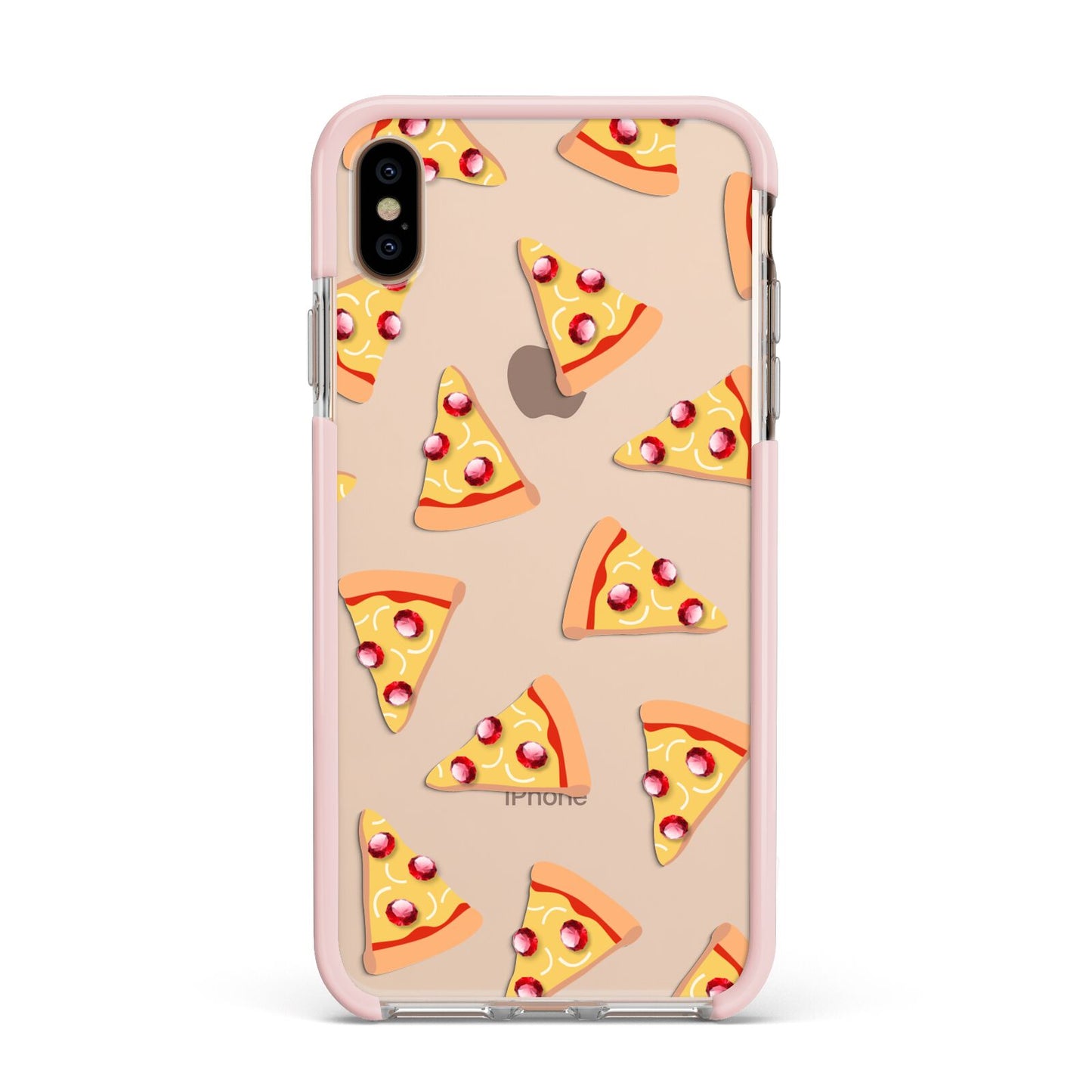 Rubies on Cartoon Pizza Slices Apple iPhone Xs Max Impact Case Pink Edge on Gold Phone