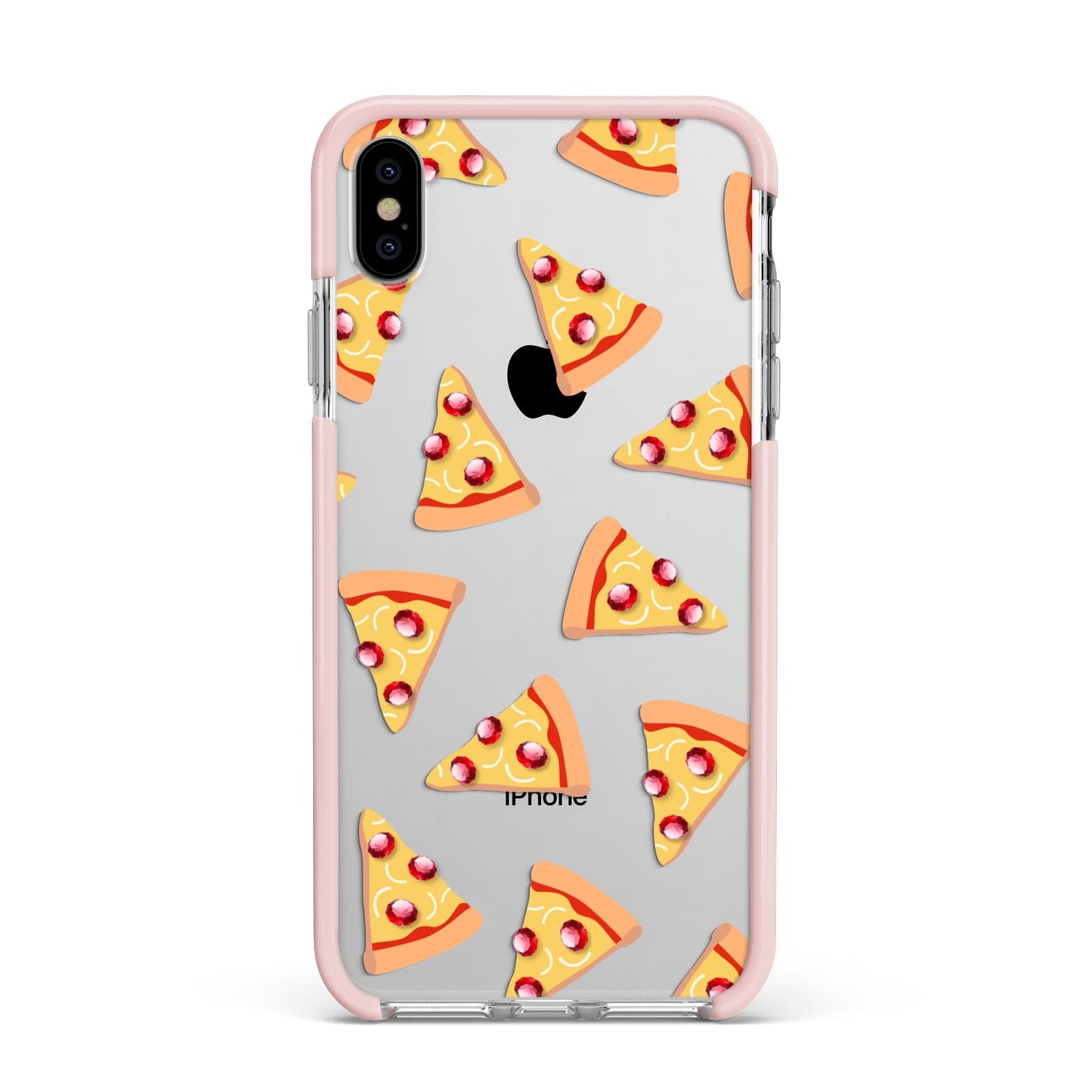 Rubies on Cartoon Pizza Slices Apple iPhone Xs Max Impact Case Pink Edge on Silver Phone