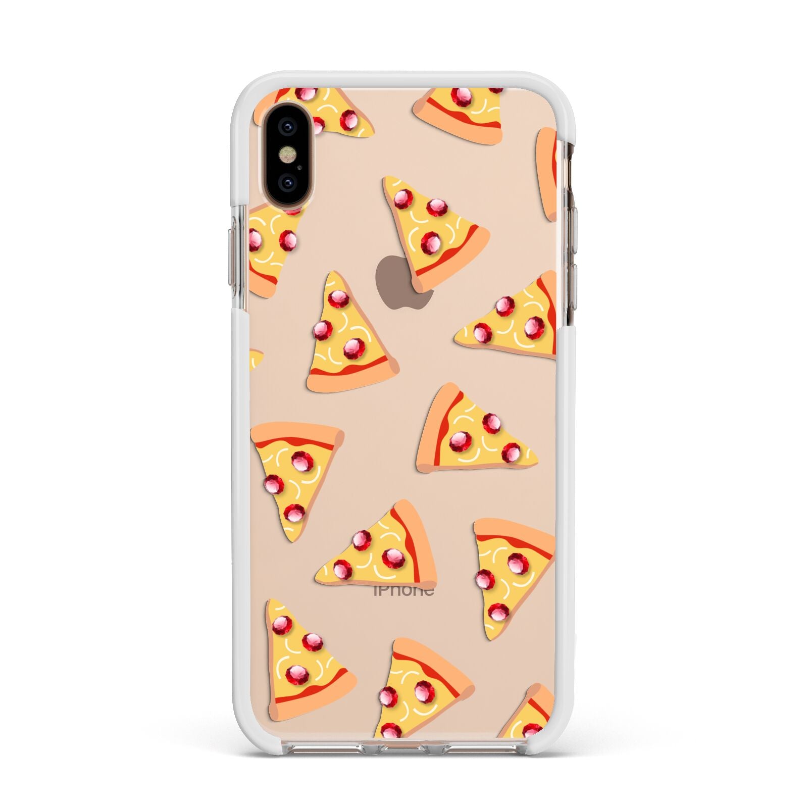 Rubies on Cartoon Pizza Slices Apple iPhone Xs Max Impact Case White Edge on Gold Phone