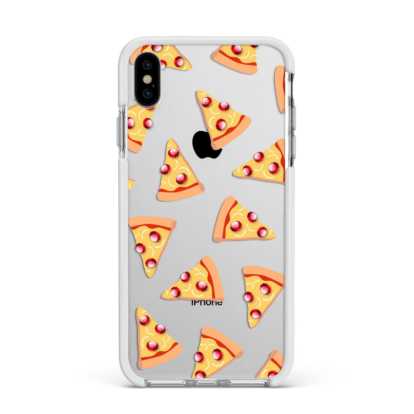 Rubies on Cartoon Pizza Slices Apple iPhone Xs Max Impact Case White Edge on Silver Phone