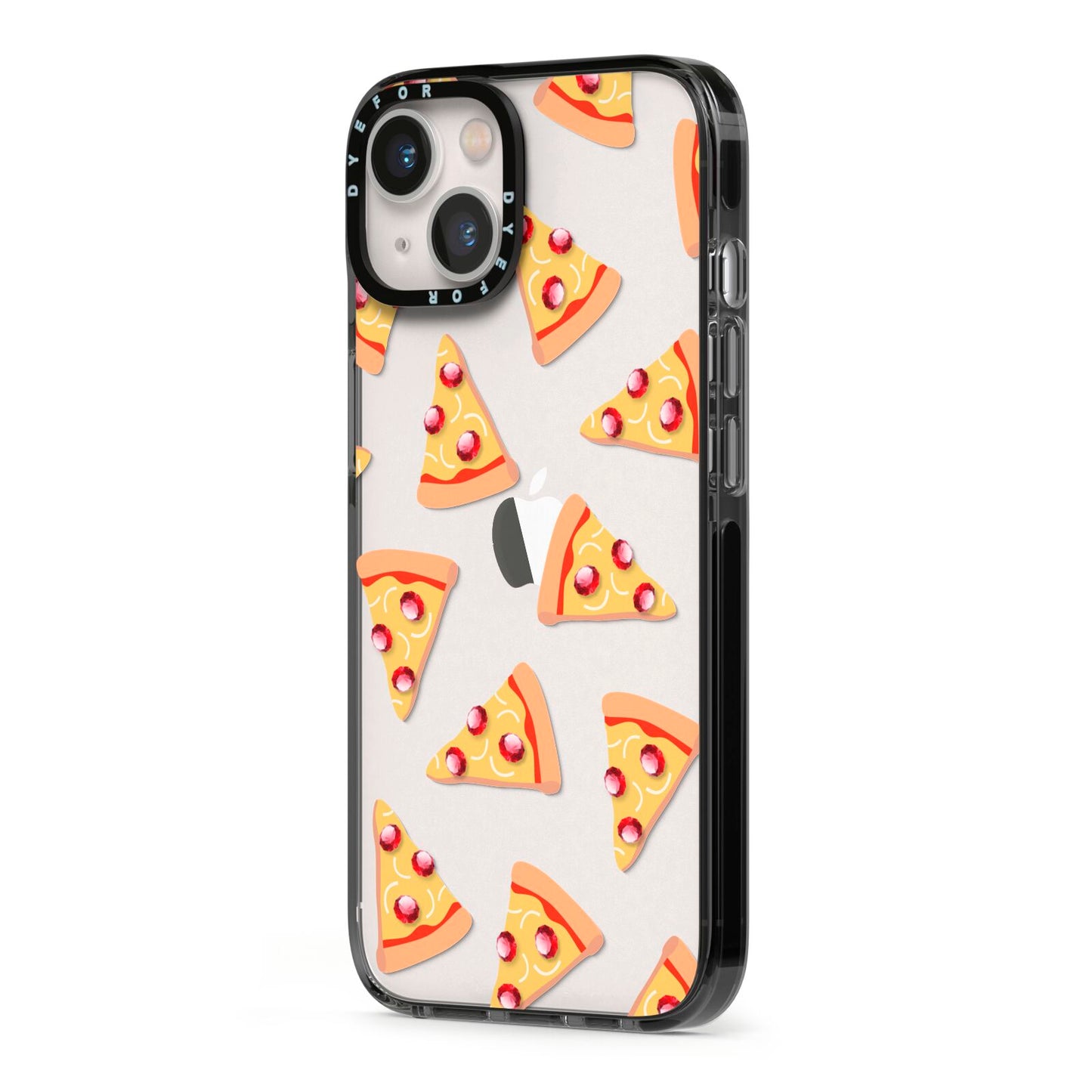 Rubies on Cartoon Pizza Slices iPhone 13 Black Impact Case Side Angle on Silver phone