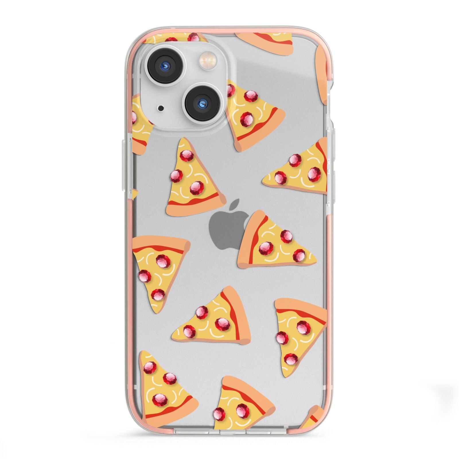 Rubies on Cartoon Pizza Slices iPhone 13 Mini TPU Impact Case with Pink Edges