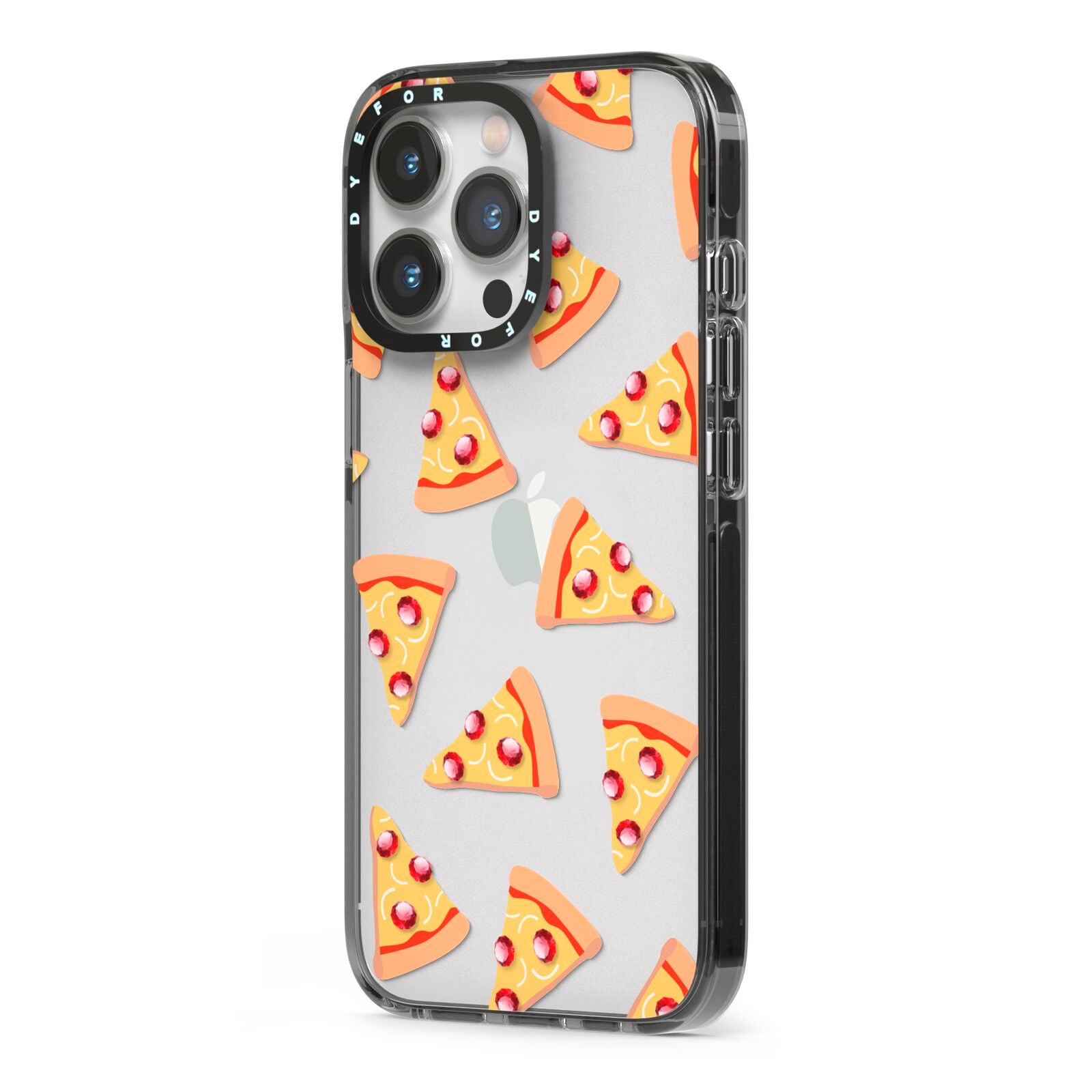 Rubies on Cartoon Pizza Slices iPhone 13 Pro Black Impact Case Side Angle on Silver phone