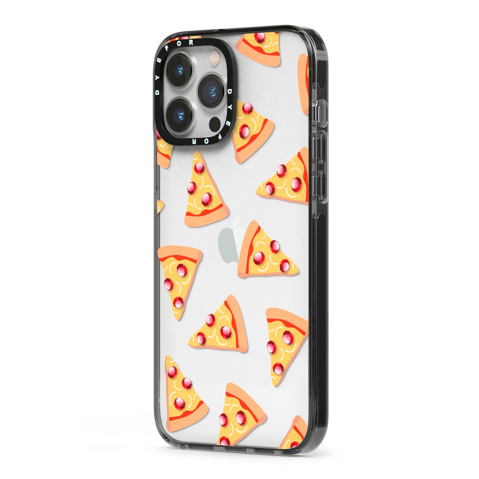 Rubies on Cartoon Pizza Slices iPhone 13 Pro Max Black Impact Case Side Angle on Silver phone