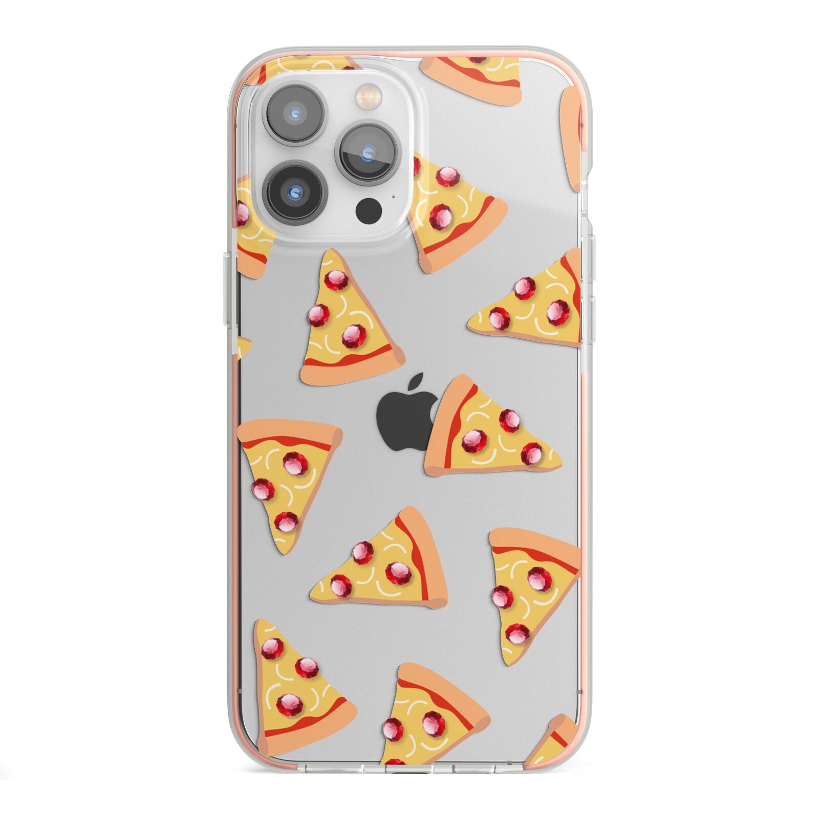 Rubies on Cartoon Pizza Slices iPhone 13 Pro Max TPU Impact Case with Pink Edges