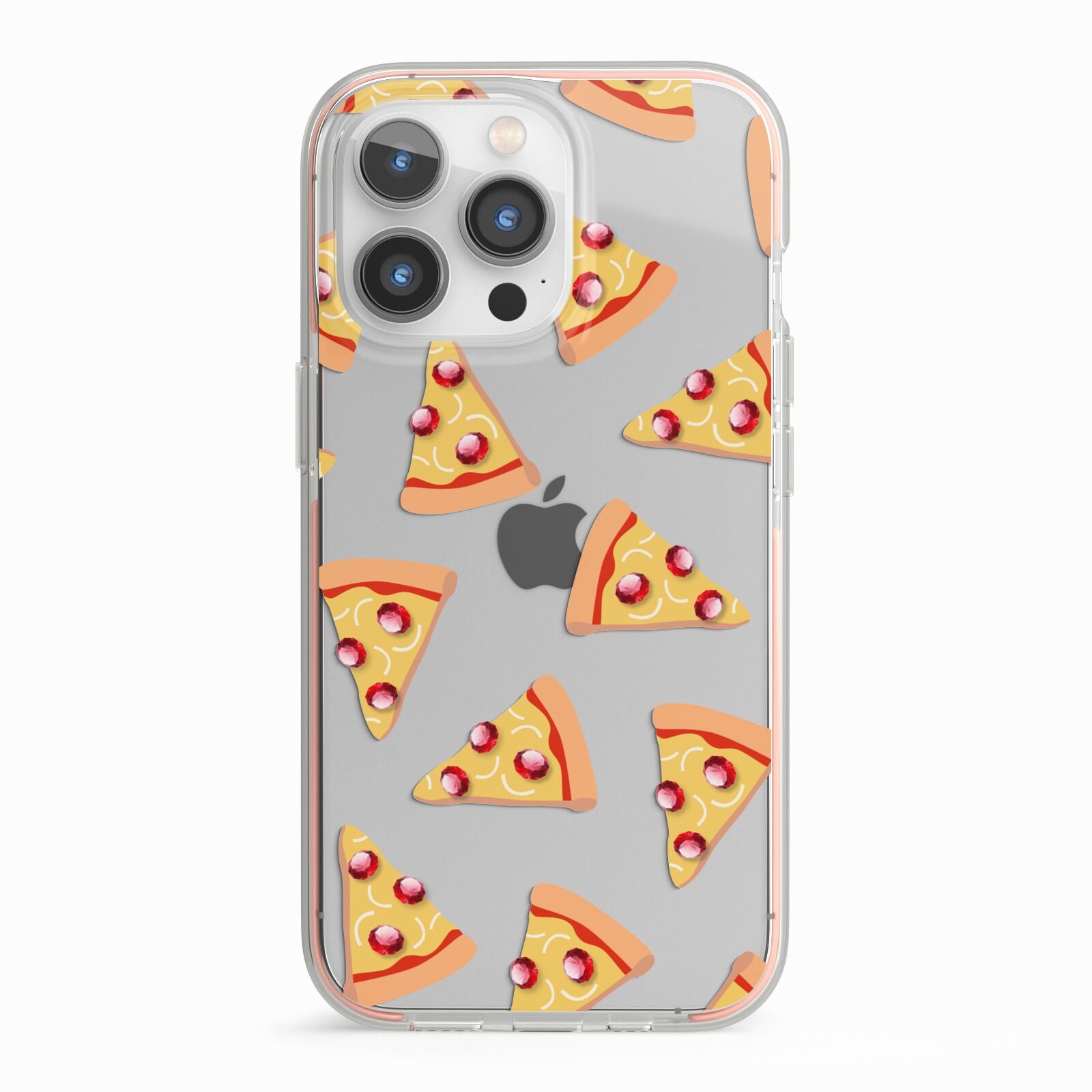 Rubies on Cartoon Pizza Slices iPhone 13 Pro TPU Impact Case with Pink Edges