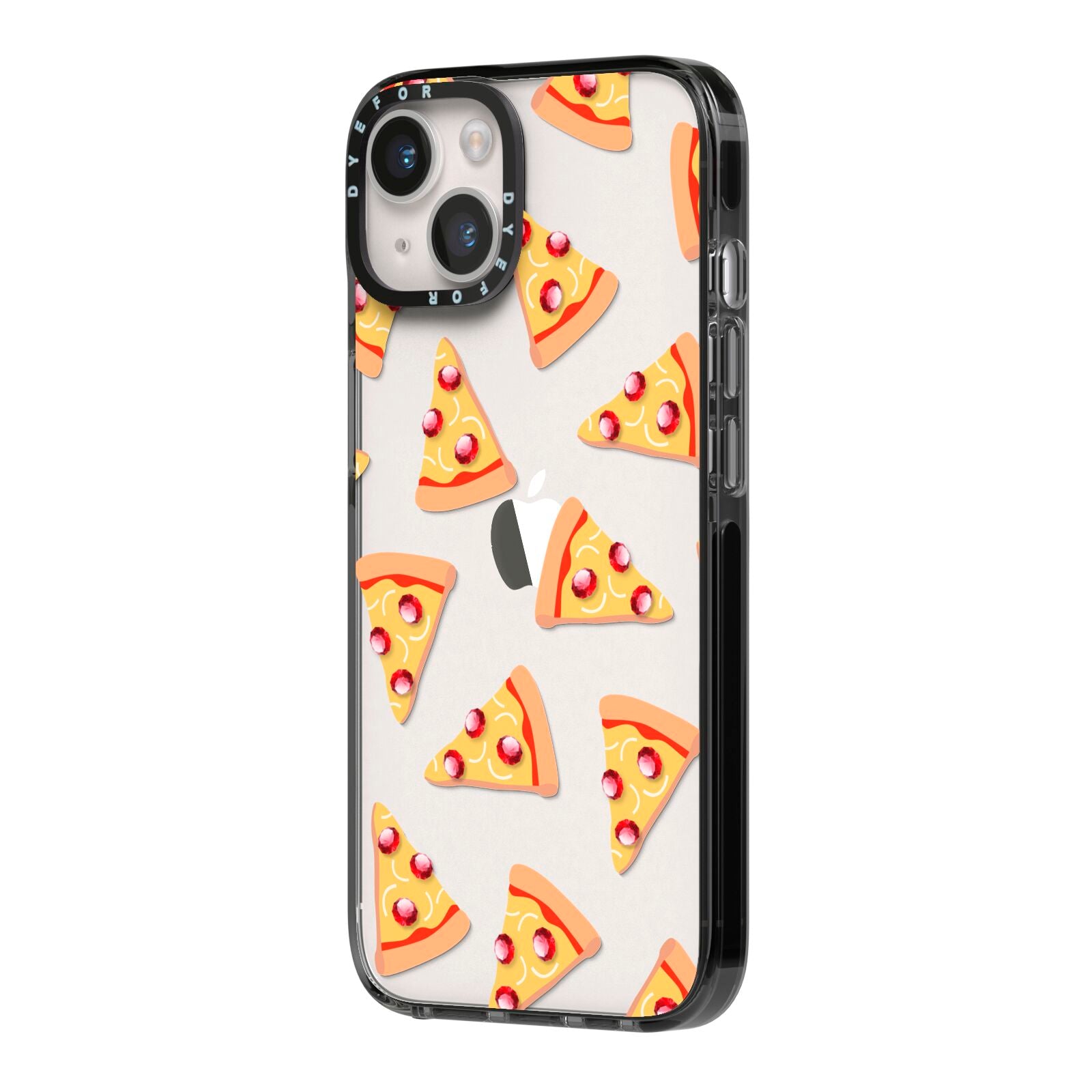 Rubies on Cartoon Pizza Slices iPhone 14 Black Impact Case Side Angle on Silver phone