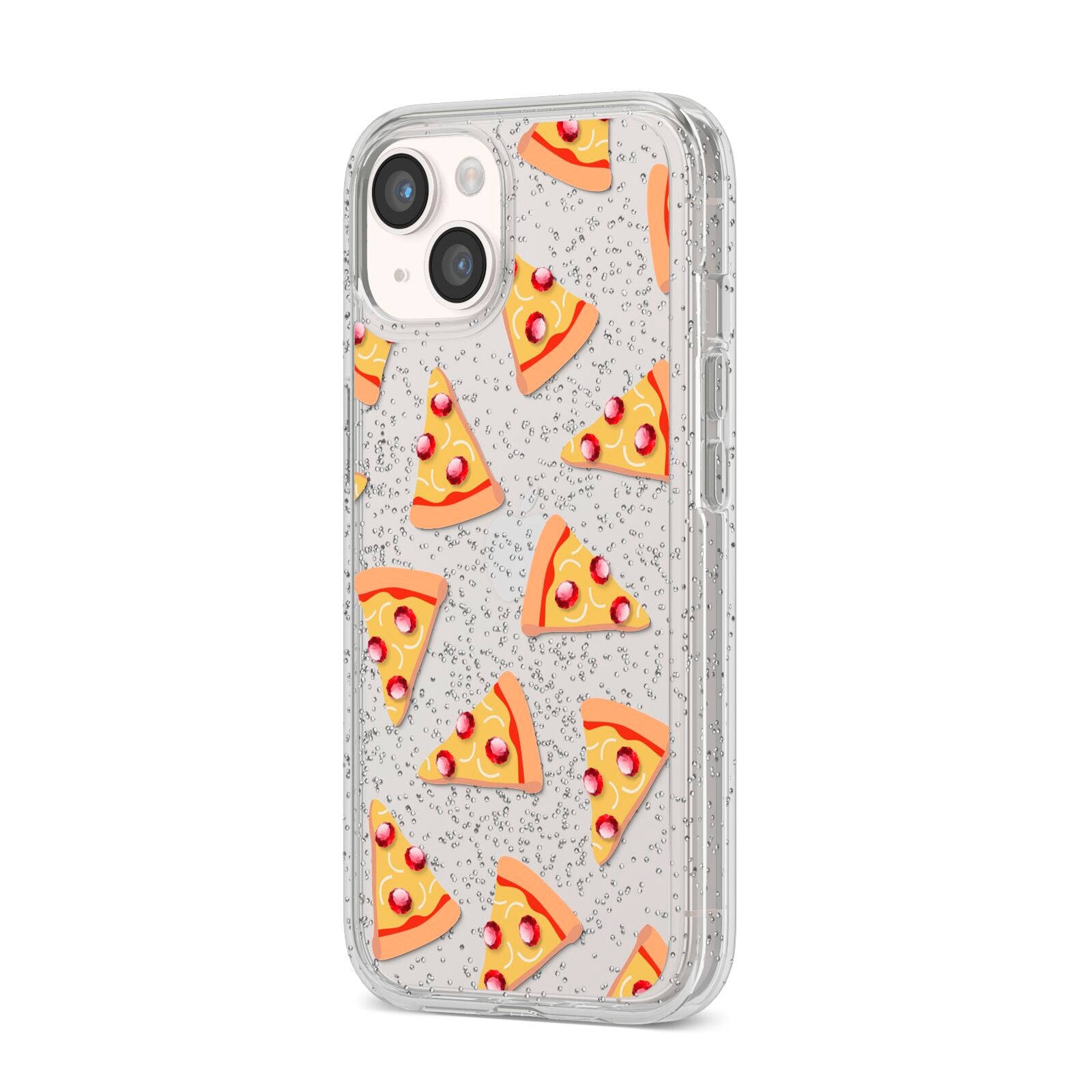 Rubies on Cartoon Pizza Slices iPhone 14 Glitter Tough Case Starlight Angled Image