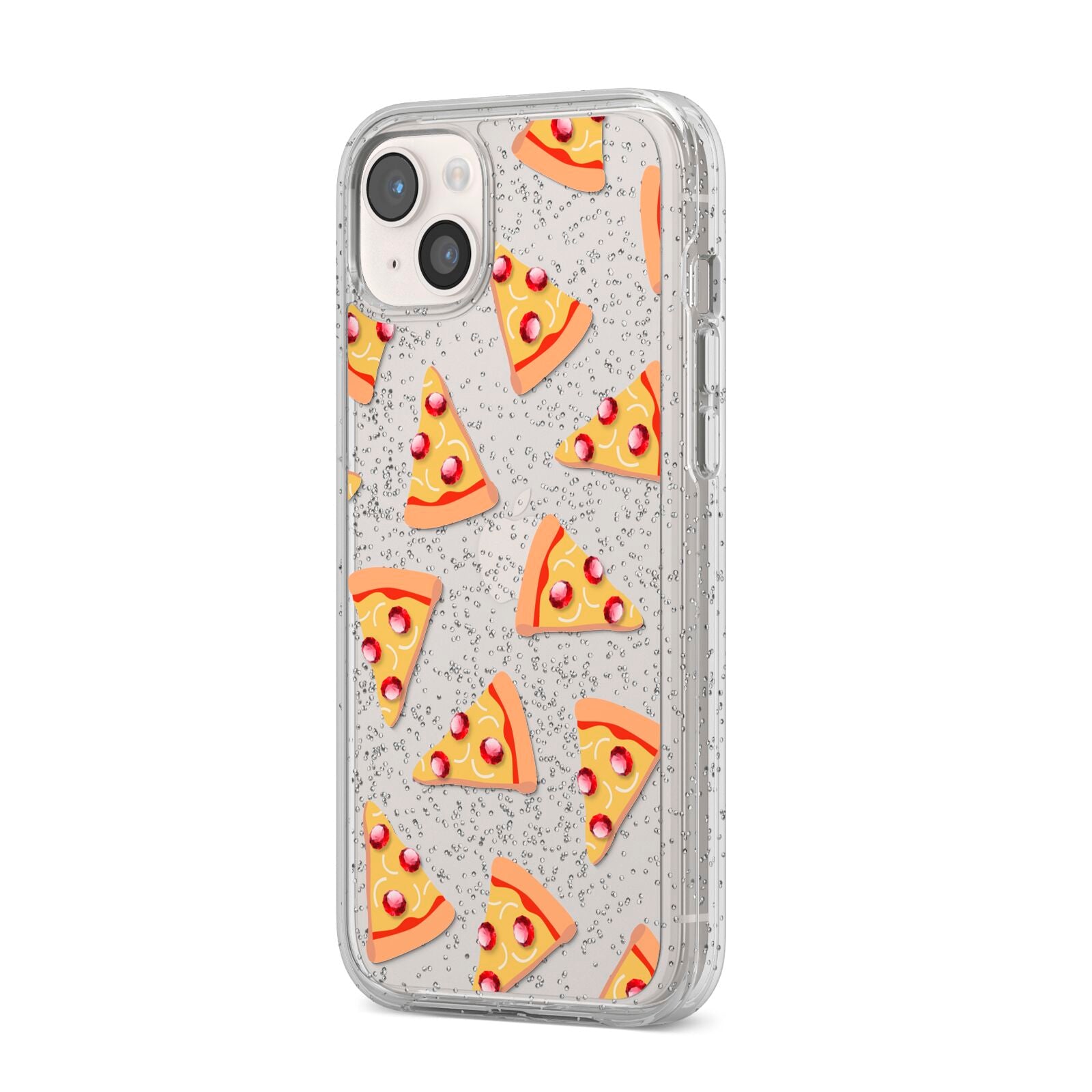 Rubies on Cartoon Pizza Slices iPhone 14 Plus Glitter Tough Case Starlight Angled Image