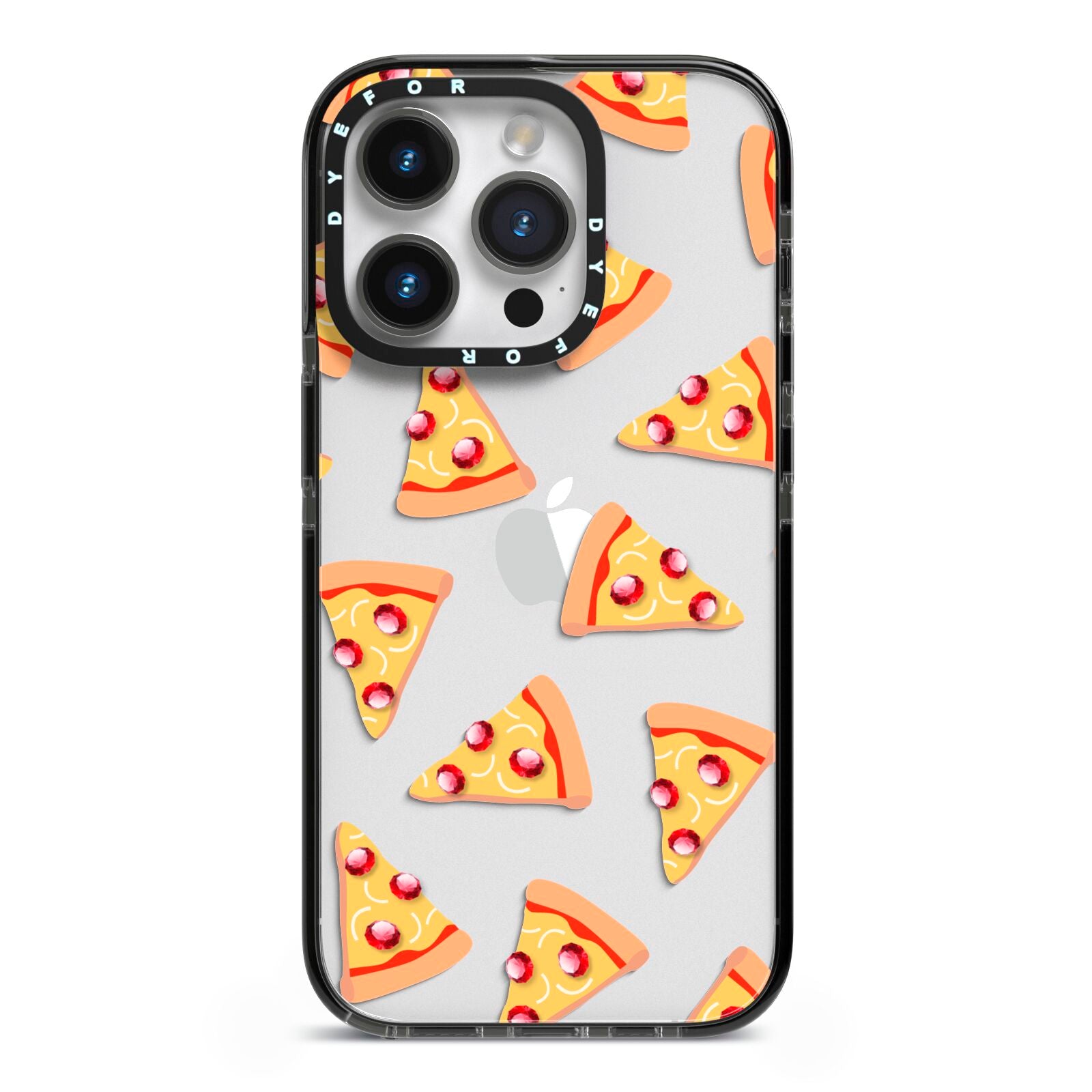 Rubies on Cartoon Pizza Slices iPhone 14 Pro Black Impact Case on Silver phone