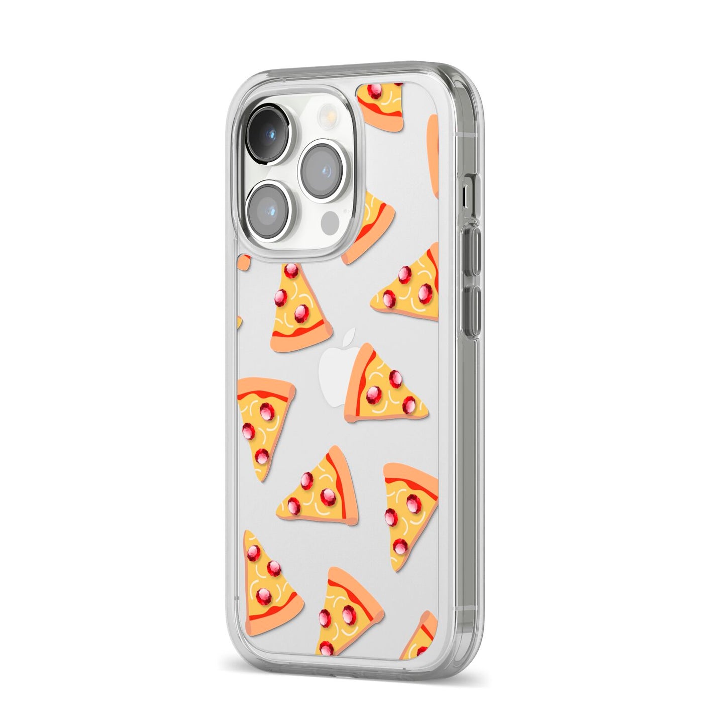 Rubies on Cartoon Pizza Slices iPhone 14 Pro Clear Tough Case Silver Angled Image