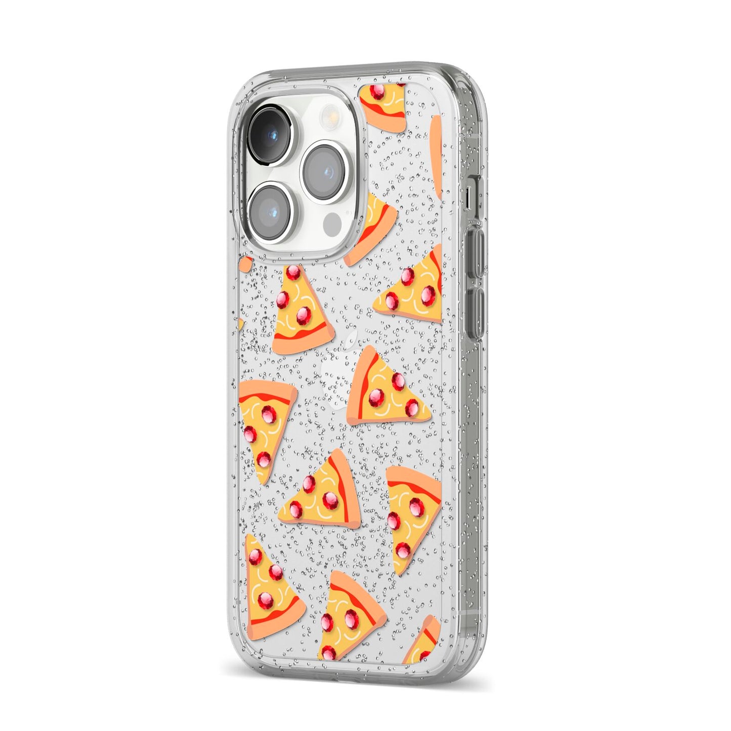 Rubies on Cartoon Pizza Slices iPhone 14 Pro Glitter Tough Case Silver Angled Image