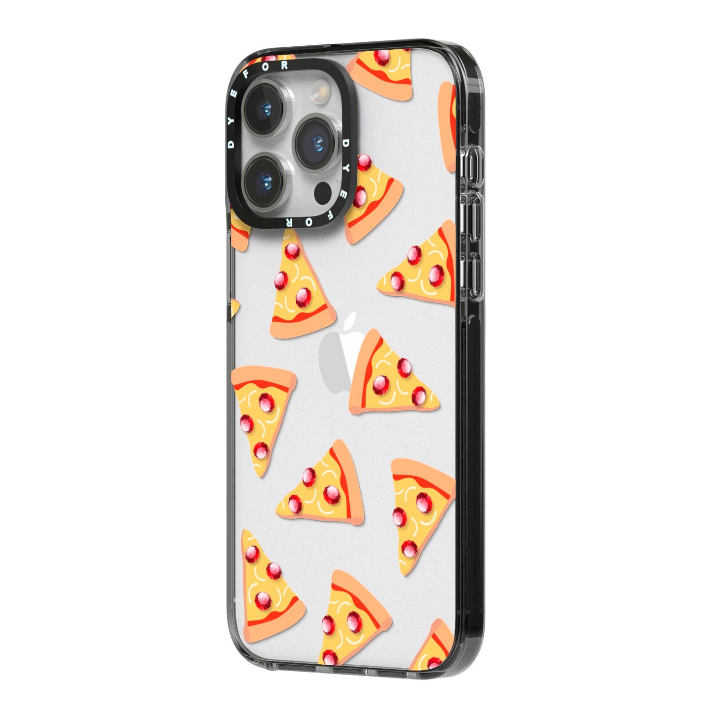 Rubies on Cartoon Pizza Slices iPhone 14 Pro Max Black Impact Case Side Angle on Silver phone