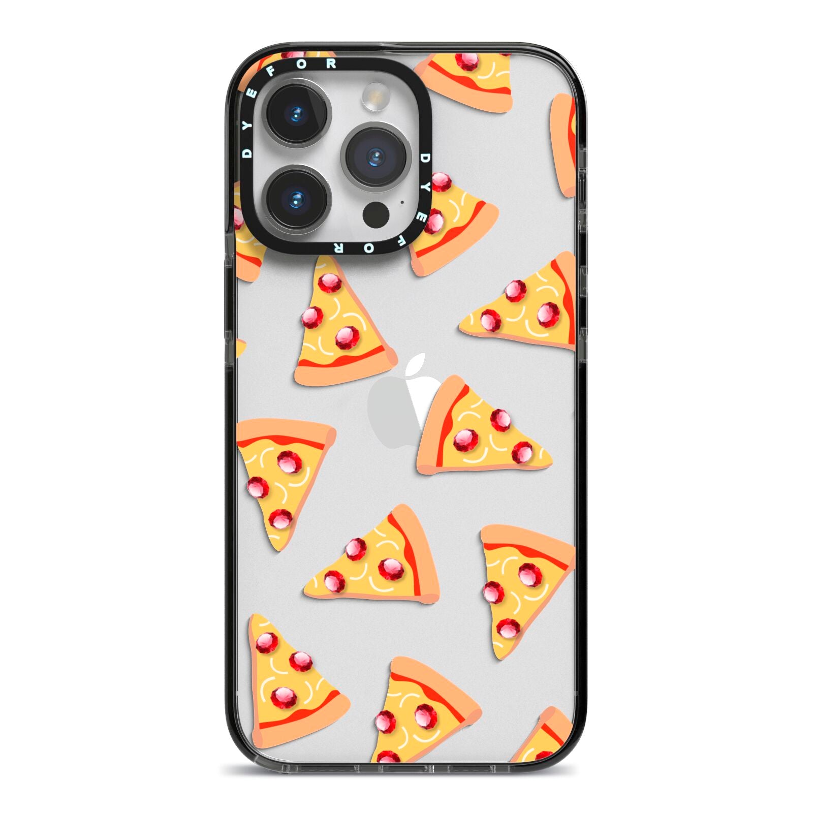 Rubies on Cartoon Pizza Slices iPhone 14 Pro Max Black Impact Case on Silver phone