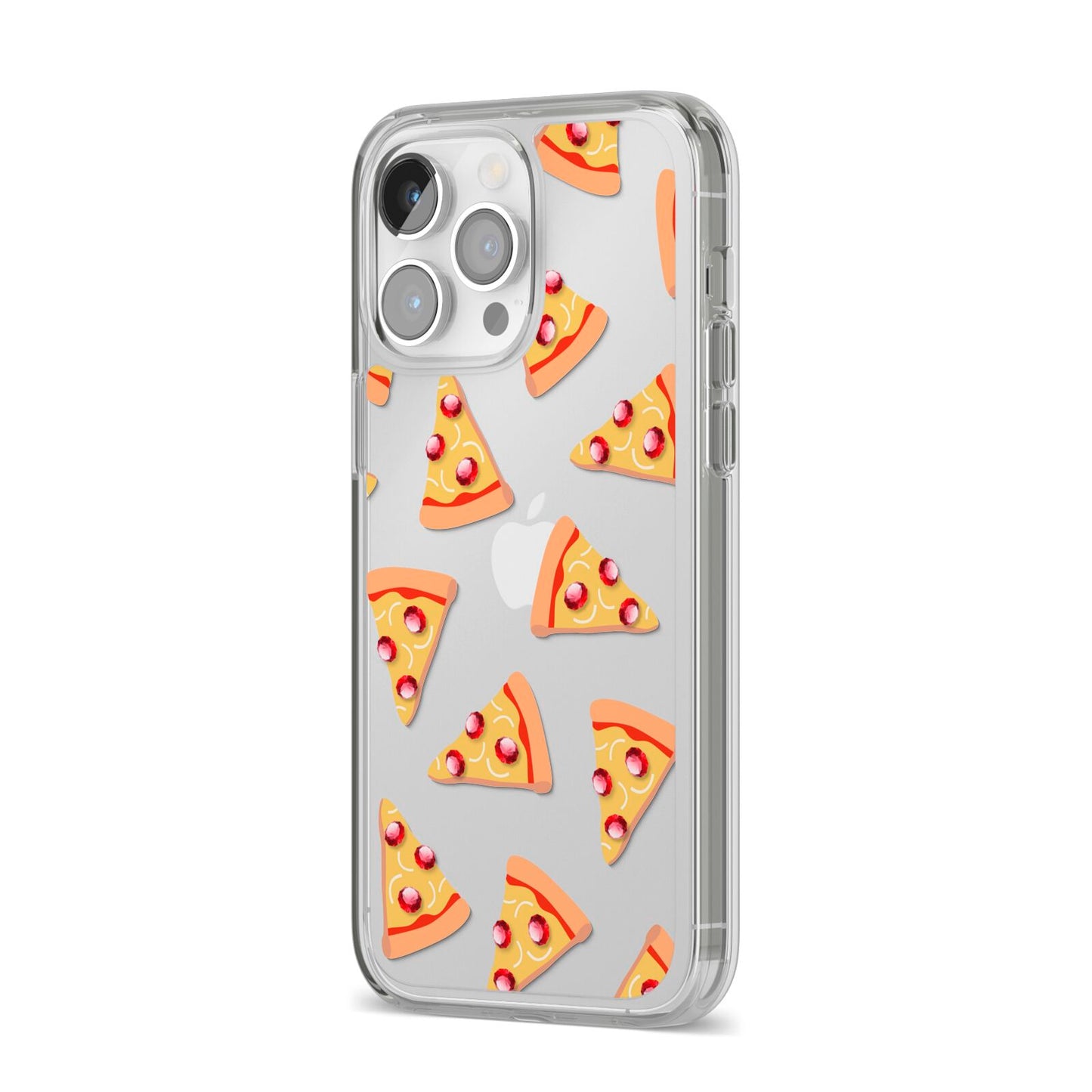 Rubies on Cartoon Pizza Slices iPhone 14 Pro Max Clear Tough Case Silver Angled Image