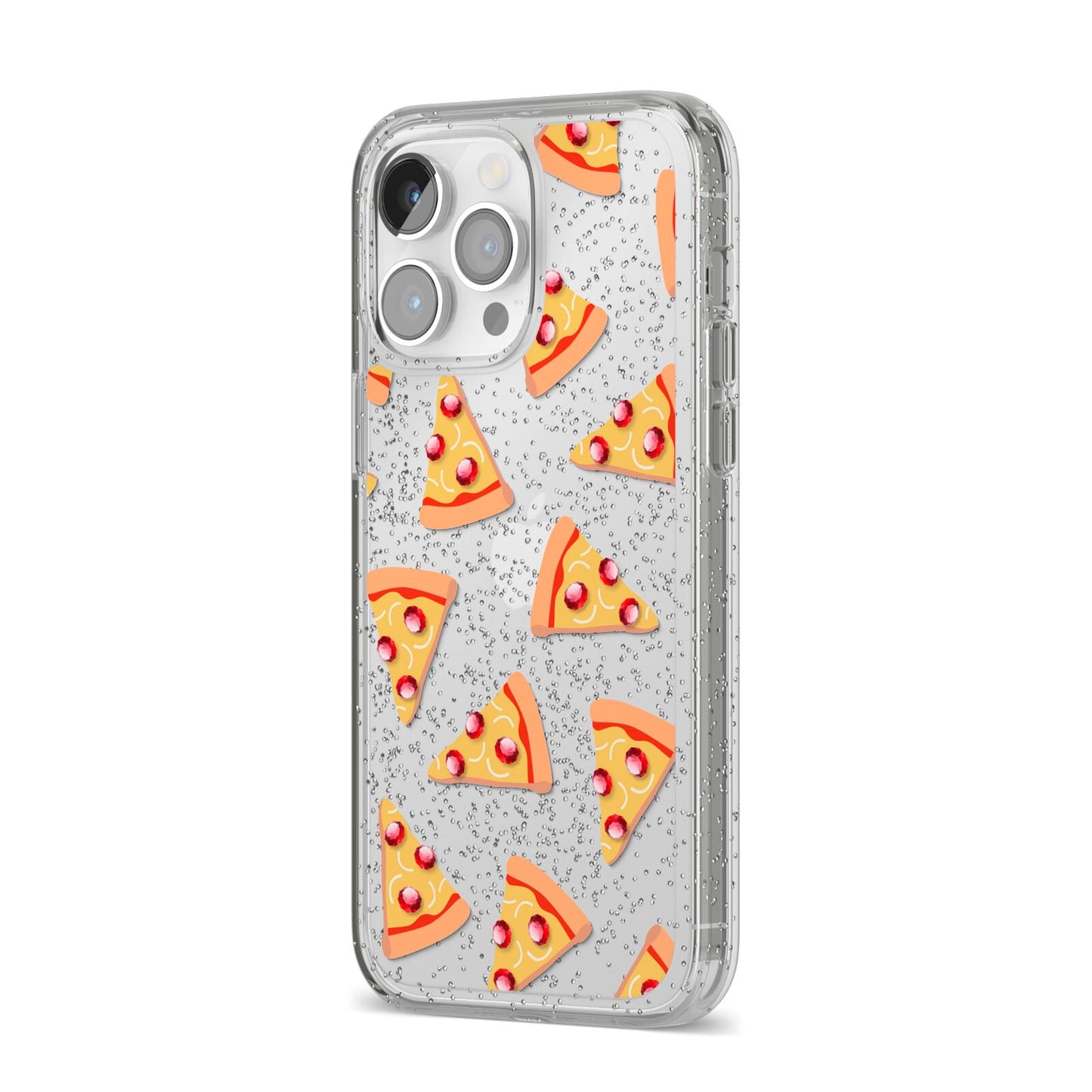 Rubies on Cartoon Pizza Slices iPhone 14 Pro Max Glitter Tough Case Silver Angled Image