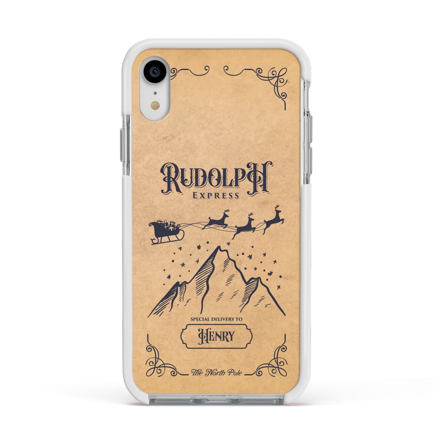 Rudolph Express Custom Apple iPhone XR Impact Case White Edge on Silver Phone