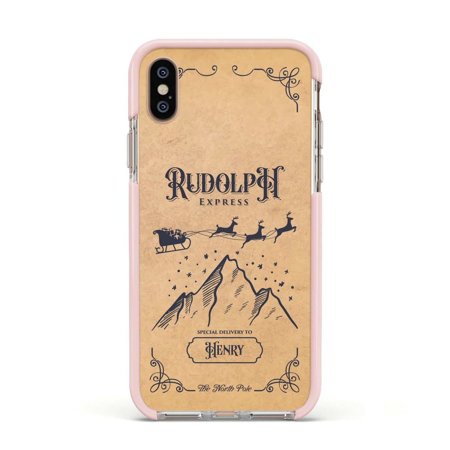 Rudolph Express Custom Apple iPhone Xs Impact Case Pink Edge on Gold Phone