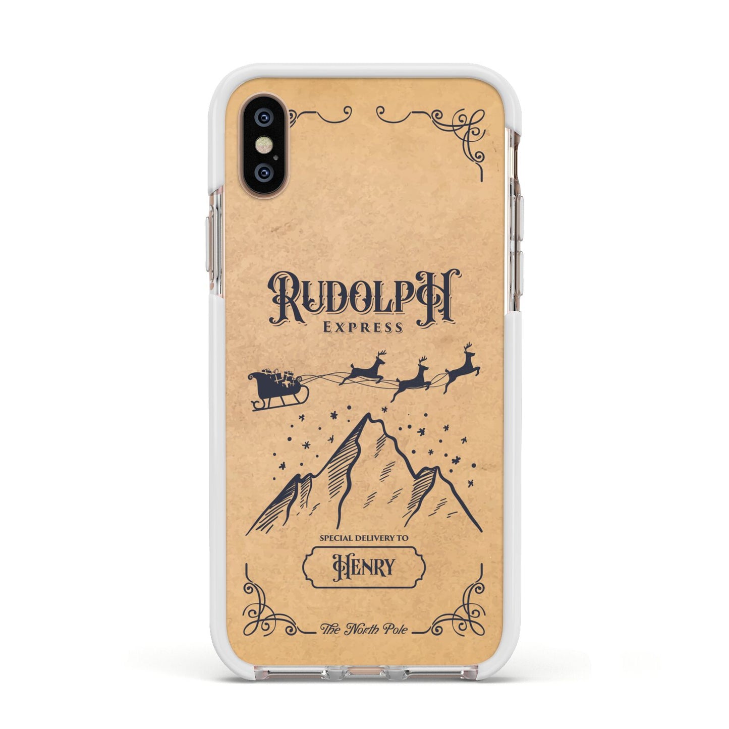 Rudolph Express Custom Apple iPhone Xs Impact Case White Edge on Gold Phone