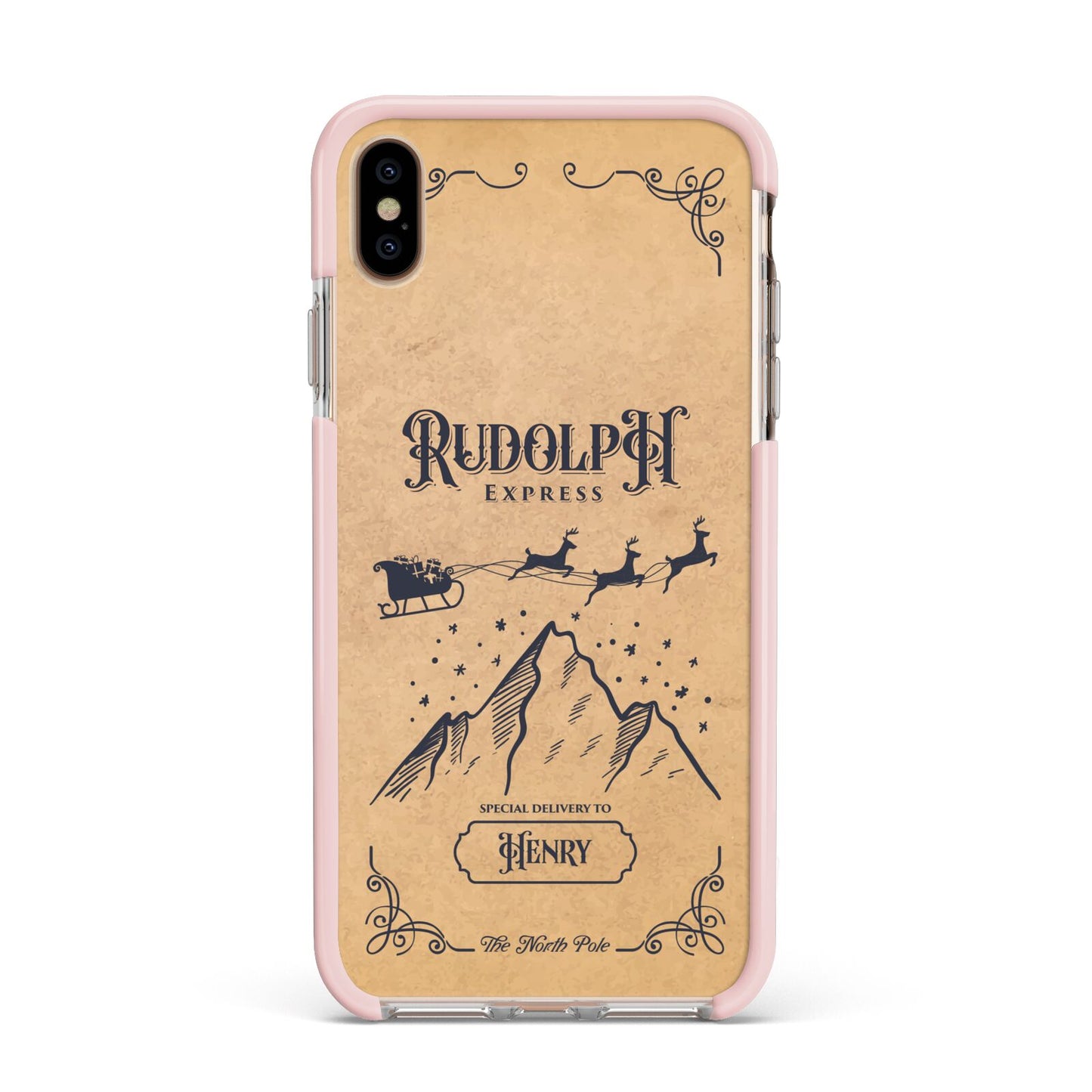 Rudolph Express Custom Apple iPhone Xs Max Impact Case Pink Edge on Gold Phone