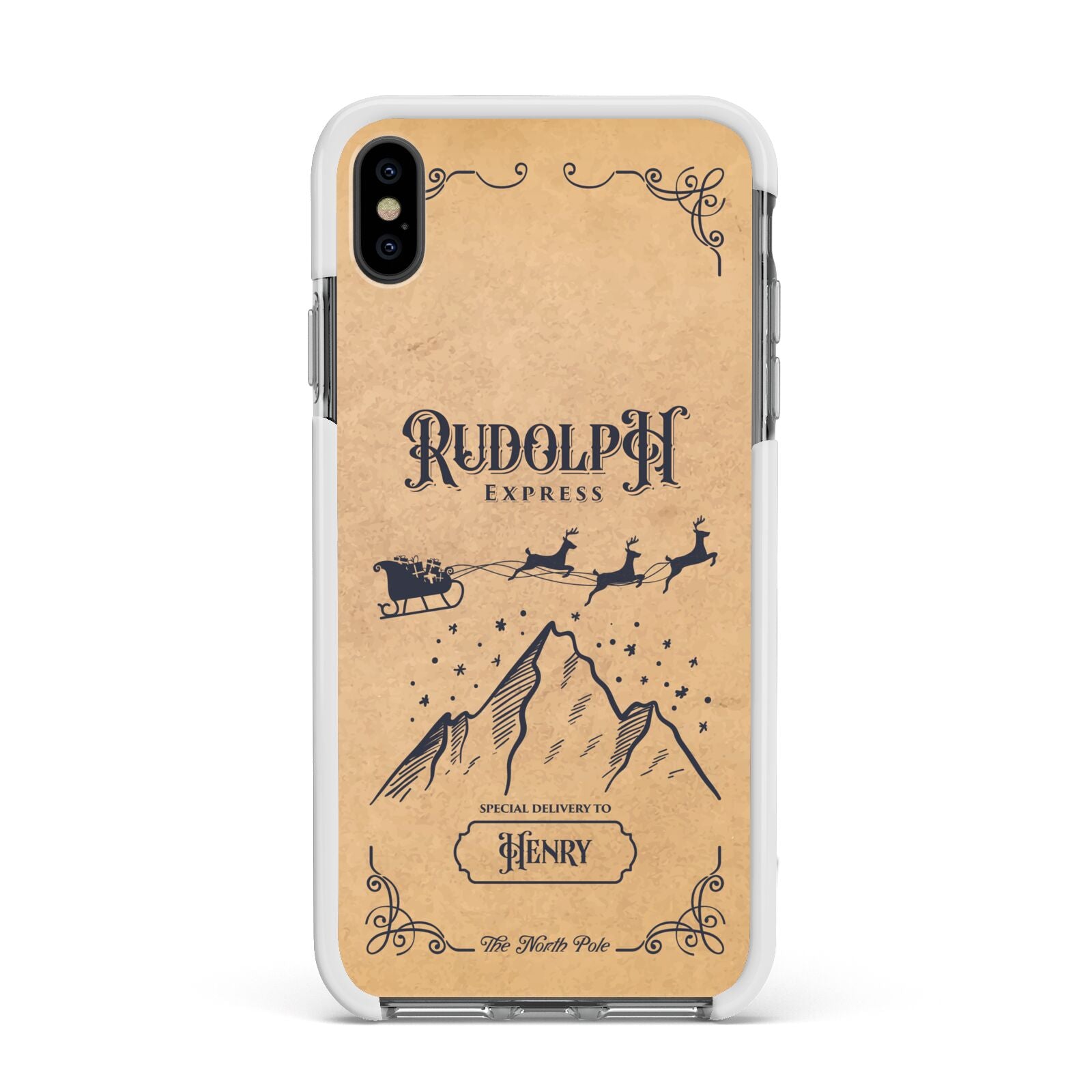 Rudolph Express Custom Apple iPhone Xs Max Impact Case White Edge on Black Phone