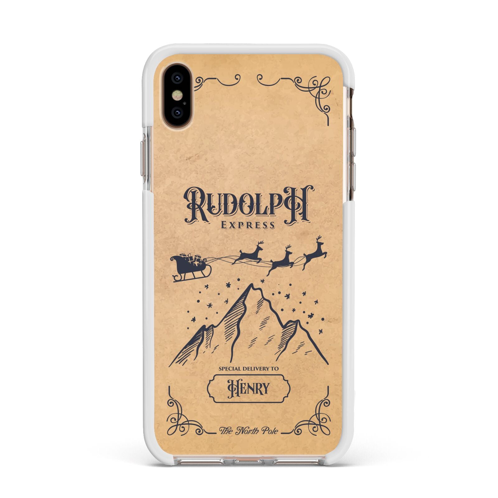 Rudolph Express Custom Apple iPhone Xs Max Impact Case White Edge on Gold Phone