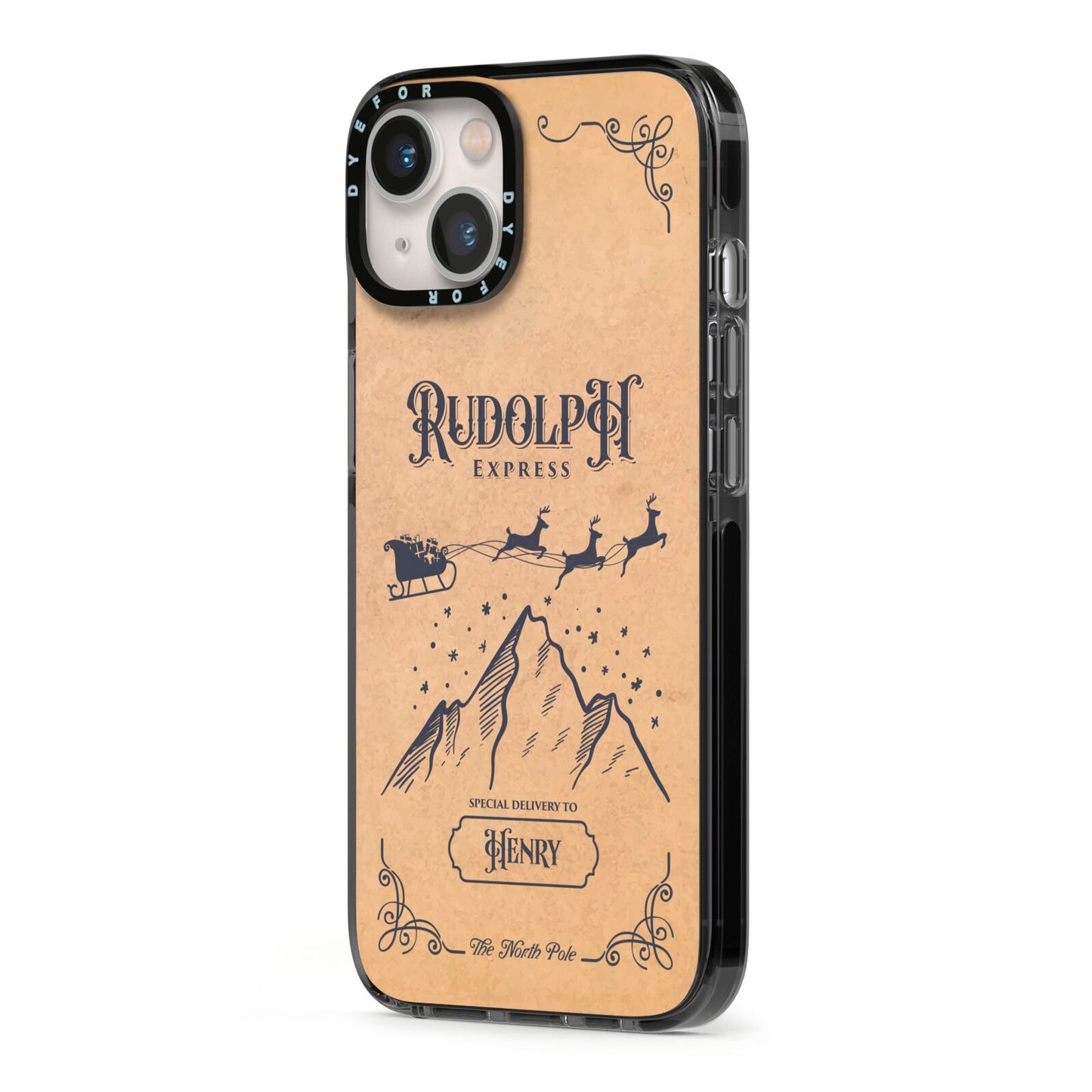 Rudolph Express Custom iPhone 13 Black Impact Case Side Angle on Silver phone