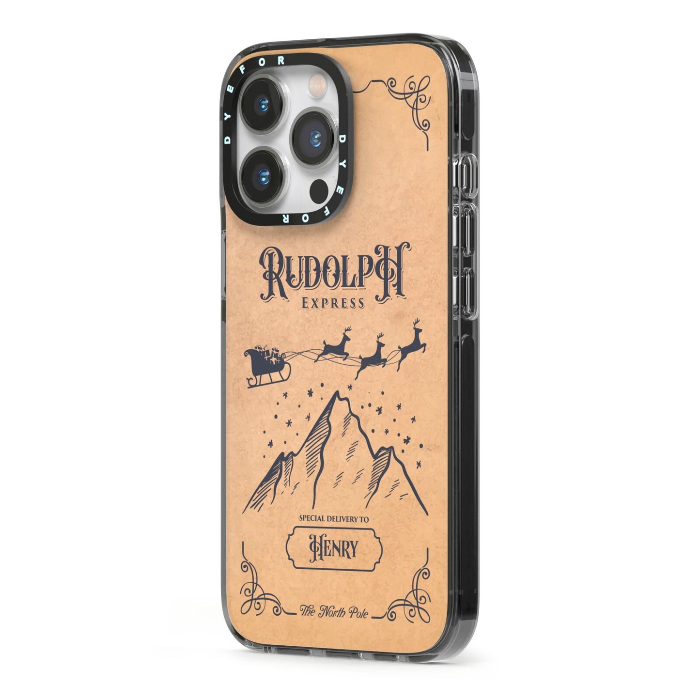 Rudolph Express Custom iPhone 13 Pro Black Impact Case Side Angle on Silver phone