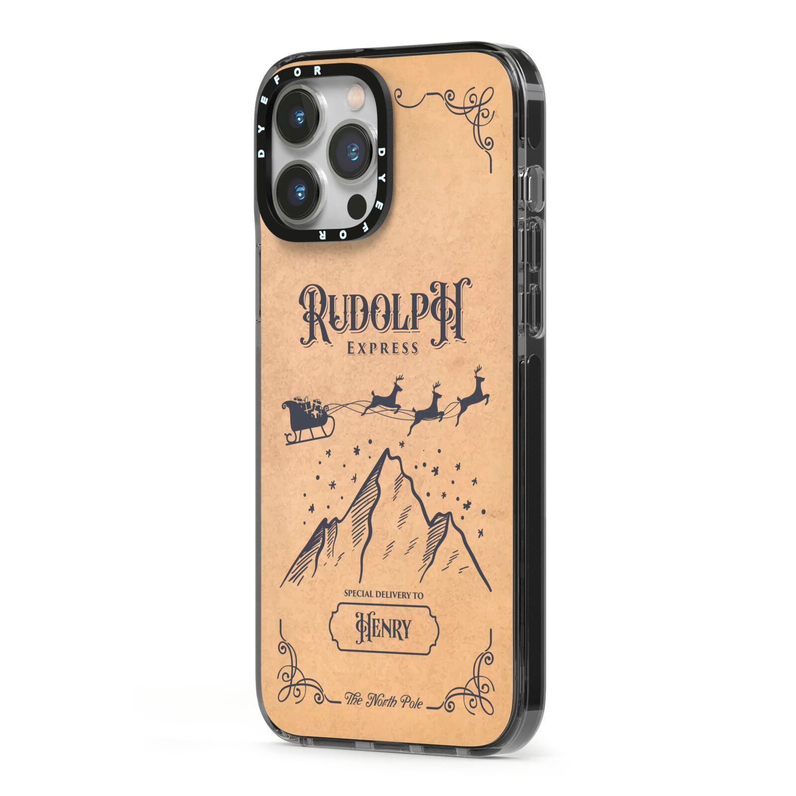 Rudolph Express Custom iPhone 13 Pro Max Black Impact Case Side Angle on Silver phone